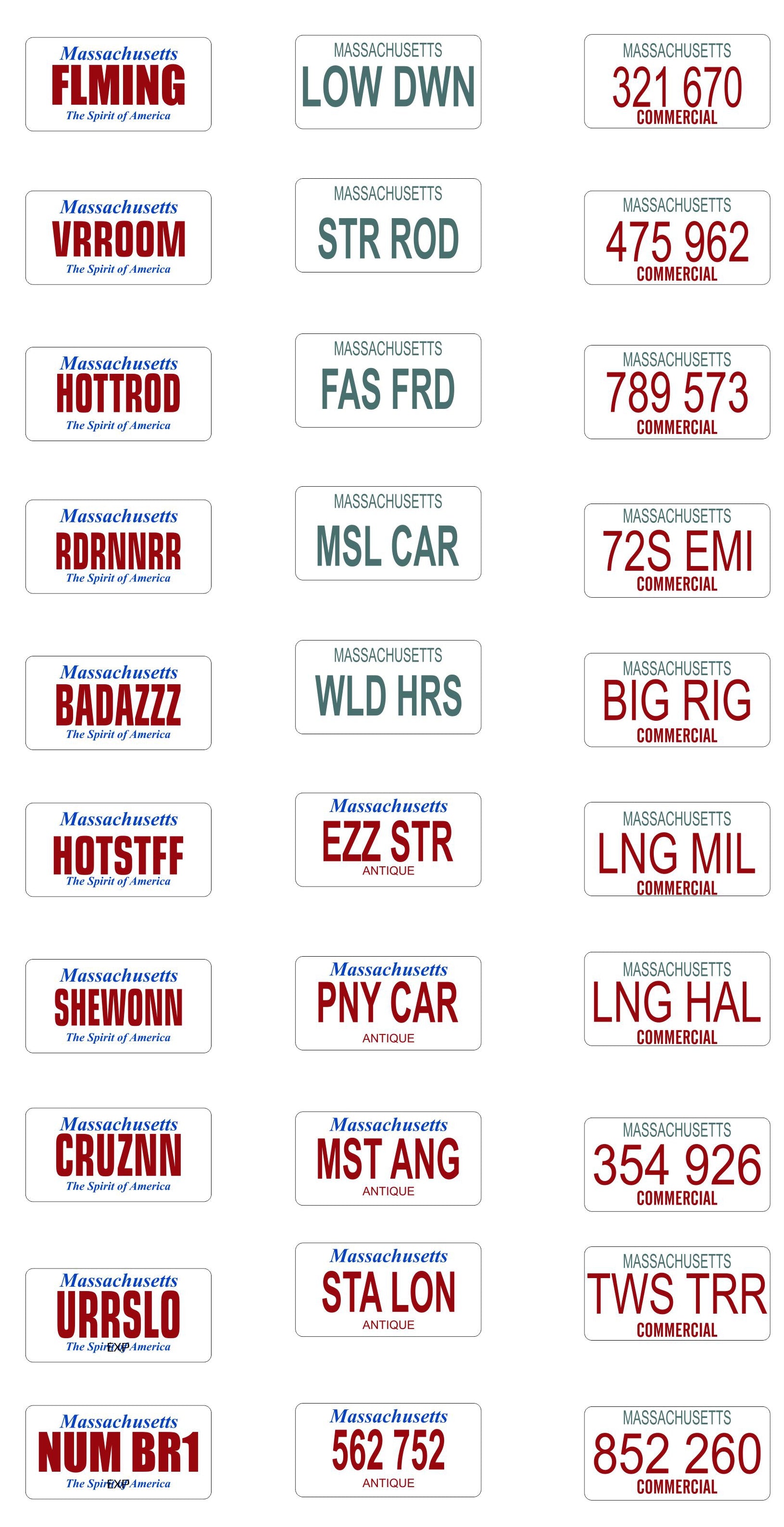 Massachusetts License Plate Assortment for 1:24 & 1:25 Scale Model Cars - Perfect for Diecast Collectors & DIY Miniature Scenes