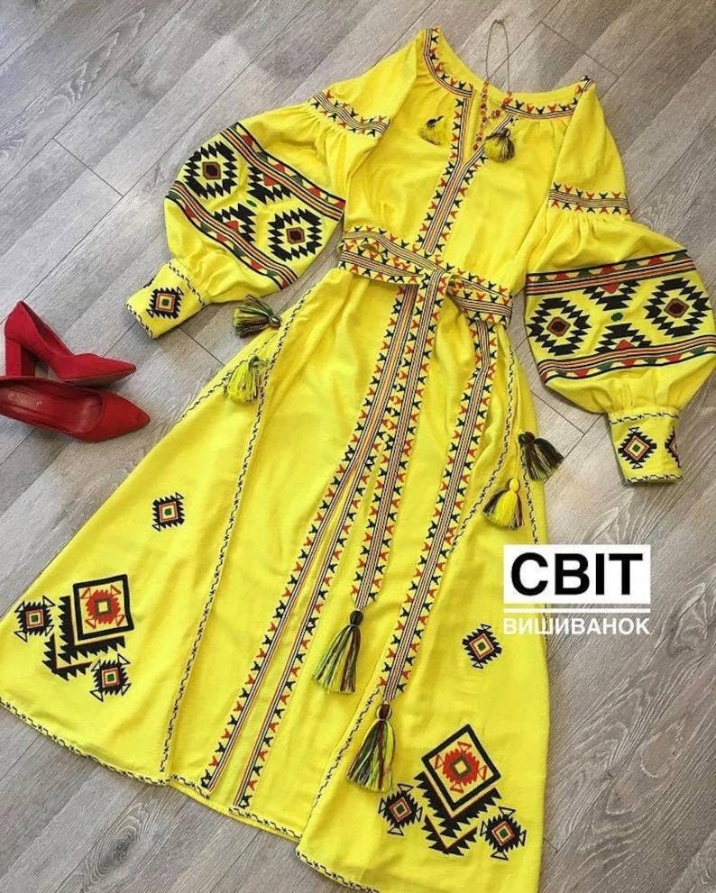 Yellow Midi Embroidered Dress for Women - Ukrainian Folk Vyshyvanka Style, Natural Linen Bohemian Summer Dress, Gift for Wife, Free Shipping XXS-4X (M) - Perfect for Festivals, Weddings & Cultural Events