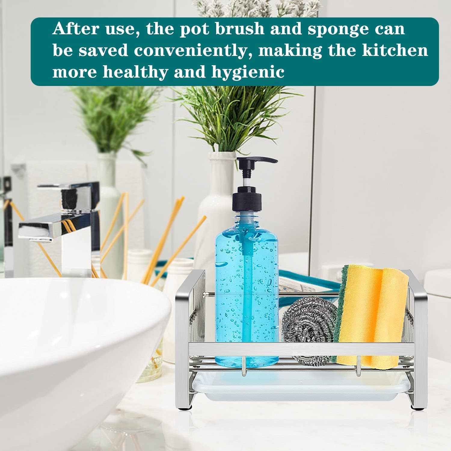304 Stainless Steel Kitchen Sink Organizer & Sponge Holder - Sink Caddy with Removable Tray, Drainer Rack for Brushes & Soap - Perfect for Kitchen Organization & Countertop Storage (Dispenser & Brush Not Included)