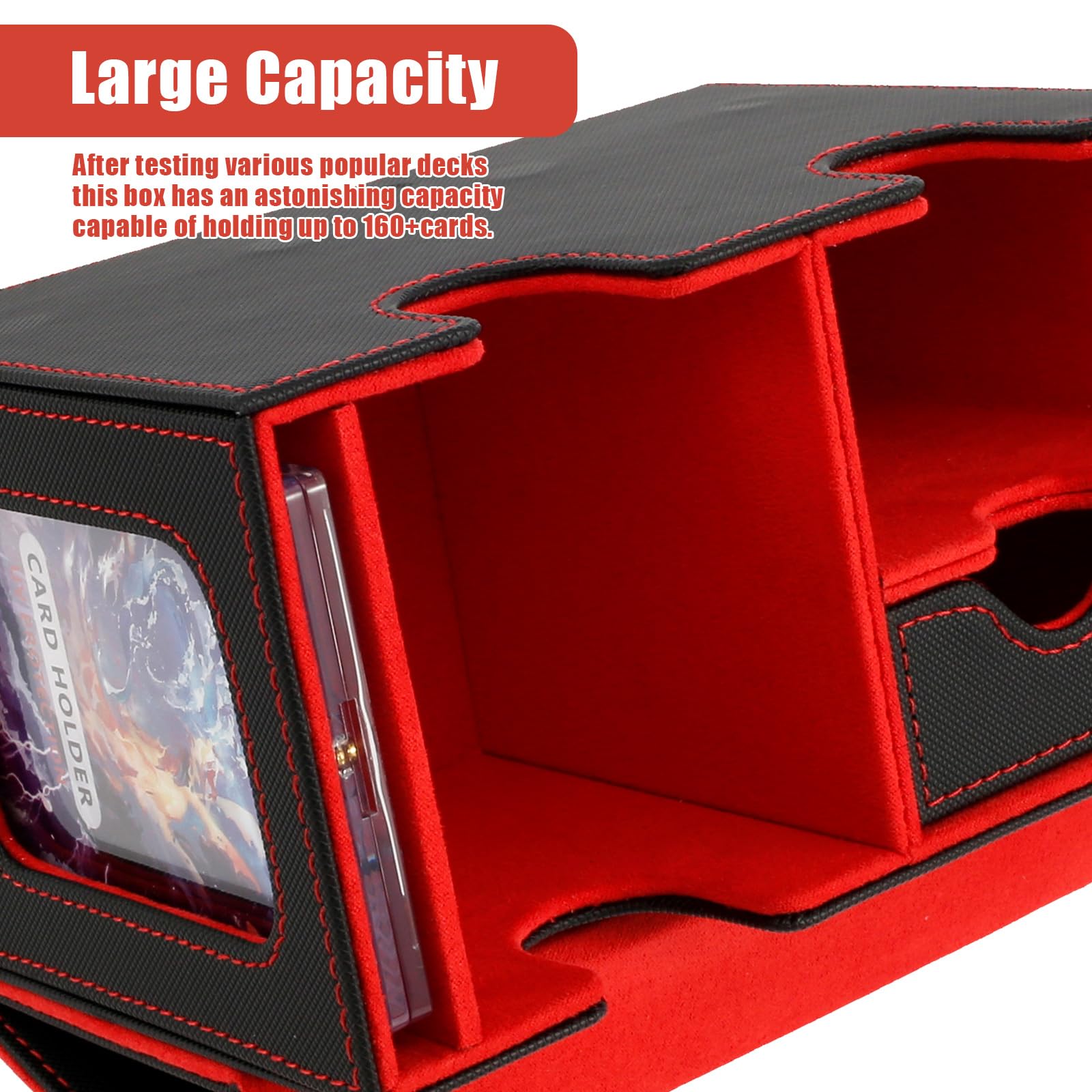 KTZCTPCA MTG Card Deck Box with Display Window - Holds 160+ Single-Sleeved Trading Cards, PU Leather Storage Box for Commander/TCG/CCG/Sports Cards (Red) - Perfect for Game Nights, Collectors & Card Protection