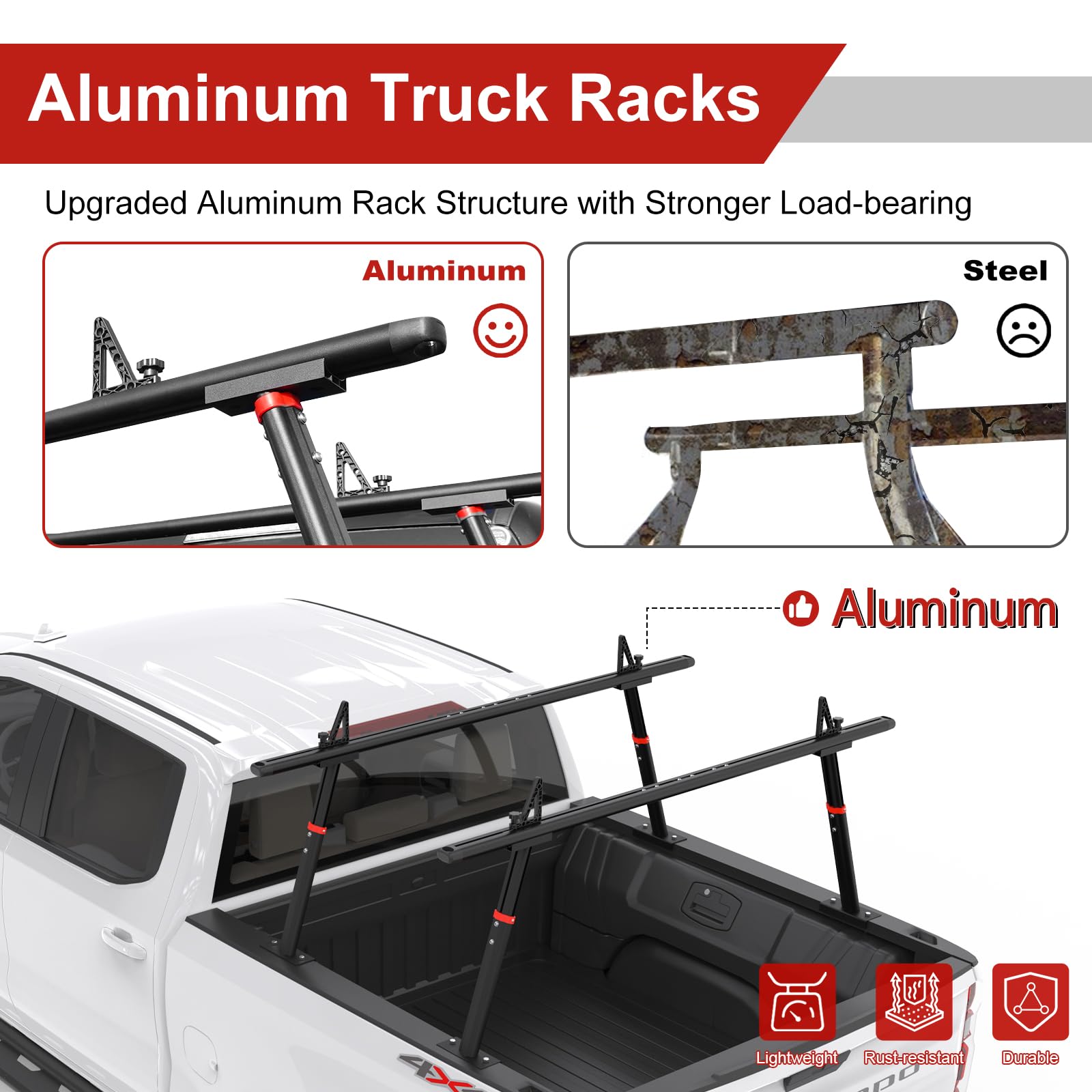 Heavy Duty Aluminum Truck Ladder Rack - Adjustable Universal Pickup Truck Bed Ladder Rack with 800 lbs Capacity (Black) | Perfect for Construction, Roofing & DIY Projects