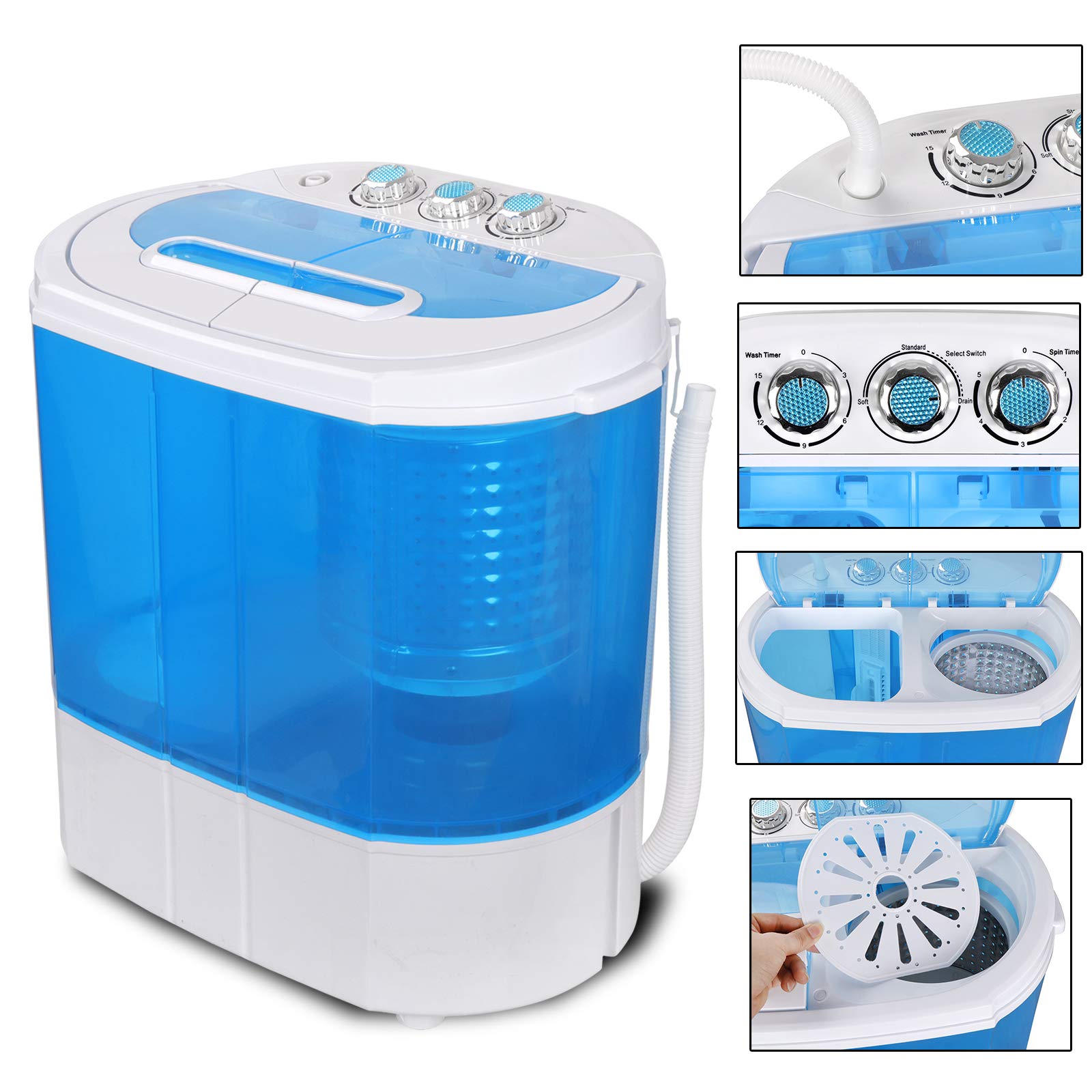 Portable Mini Twin Tub Washing Machine with Spin Dryer & Drain Pipe - Compact Laundry Washer for Small Spaces, Apartments, Dorms, RVs, Camping - Perfect for Travel, Emergency Use & Off-Grid Living (Blue)