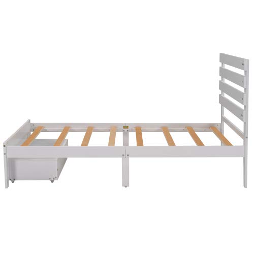 White Wooden Twin Bed Frame with Headboard, Footboard & Storage Drawers - Sturdy Platform Bed Mattress Foundation for Kids, Teens & Guest Rooms