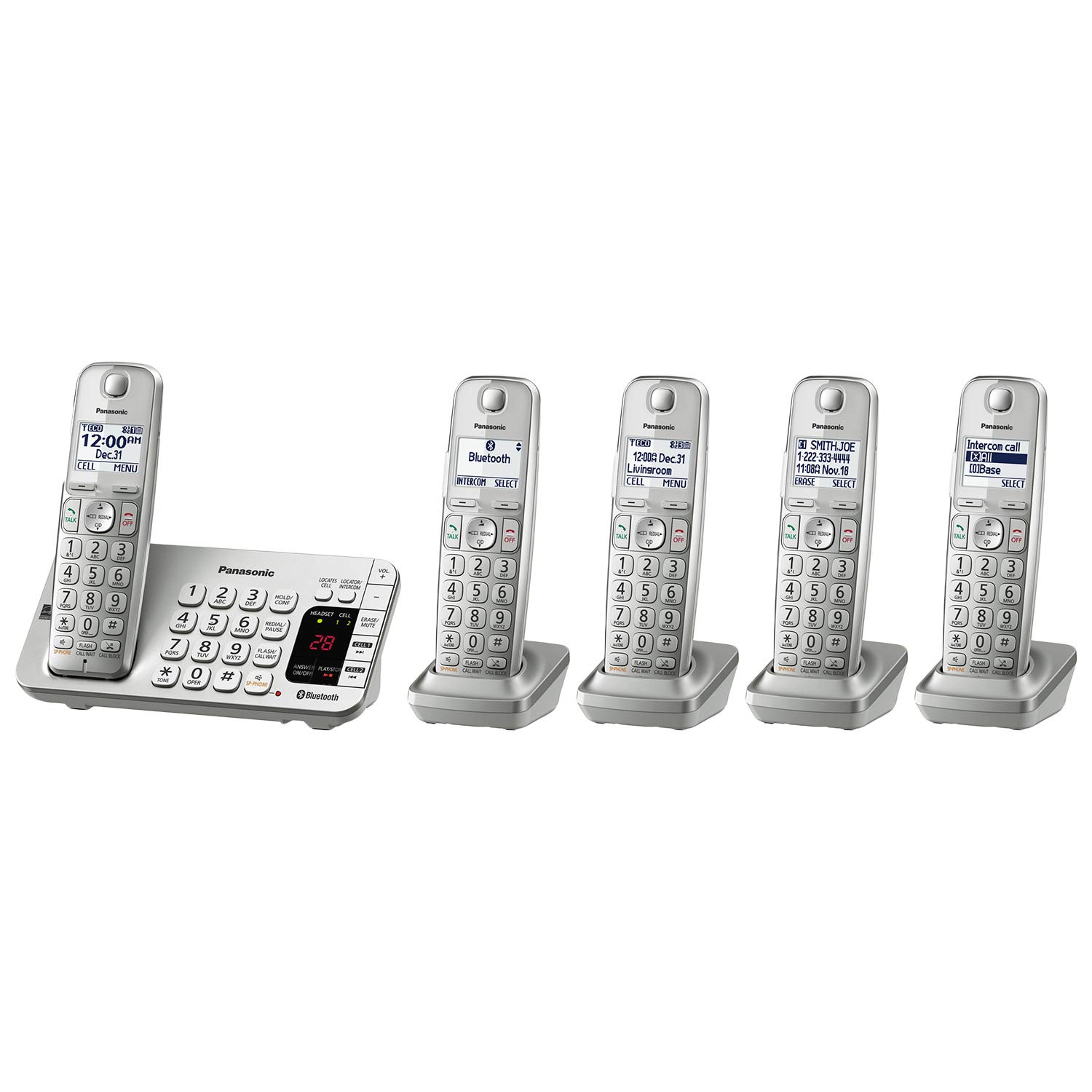 Panasonic KX-TGE475S Link2Cell Bluetooth Cordless Phone System - DECT 6.0 Technology with Answering Machine, 5 Handsets & Noise Reduction (Silver) | Perfect for Home Office, Small Business & Remote Work Communication