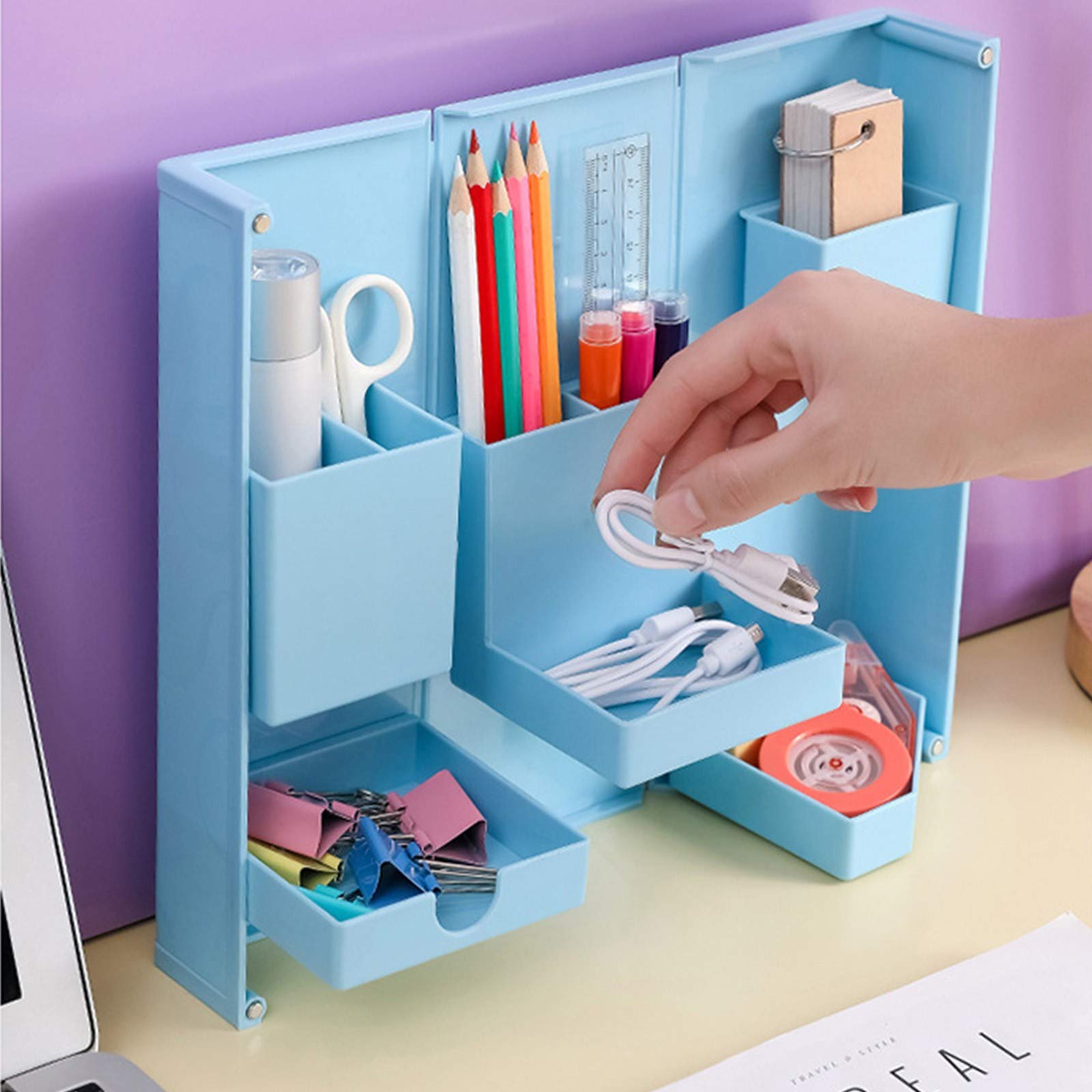 Elegant Light Blue Makeup Organizer with Drawers - Vanity Storage for Cosmetics, Brushes, Eyeshadow, Lipstick, Nail Polish & Jewelry | Countertop Organizer for Stationery & Household Items | Perfect for Bedroom, Bathroom & Dressing Table Organization