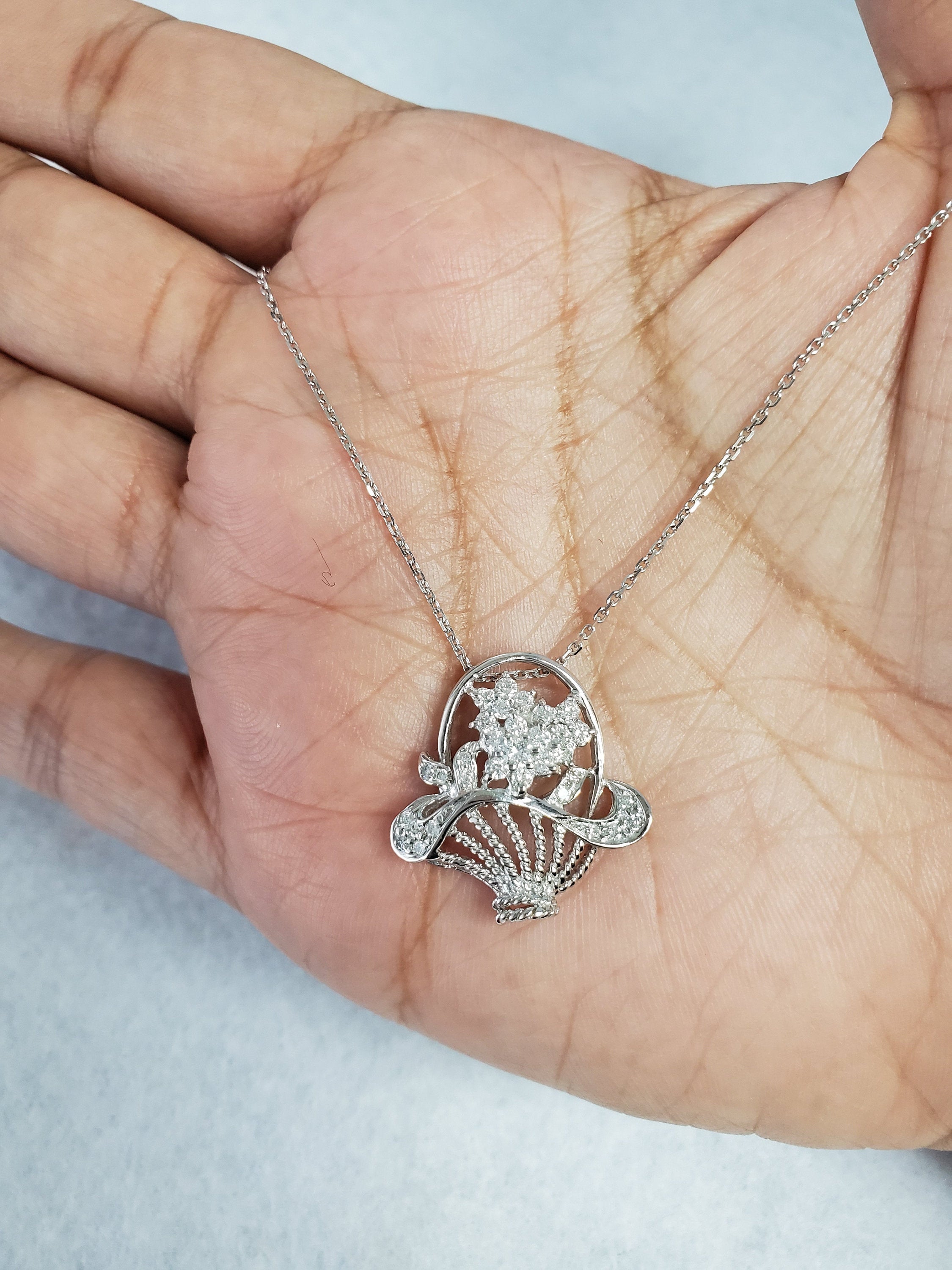 0.50cttw Diamond Flower Basket Pendant in 18k White Gold - Elegant Jewelry Gift for Women, Perfect for Anniversaries & Special Occasions