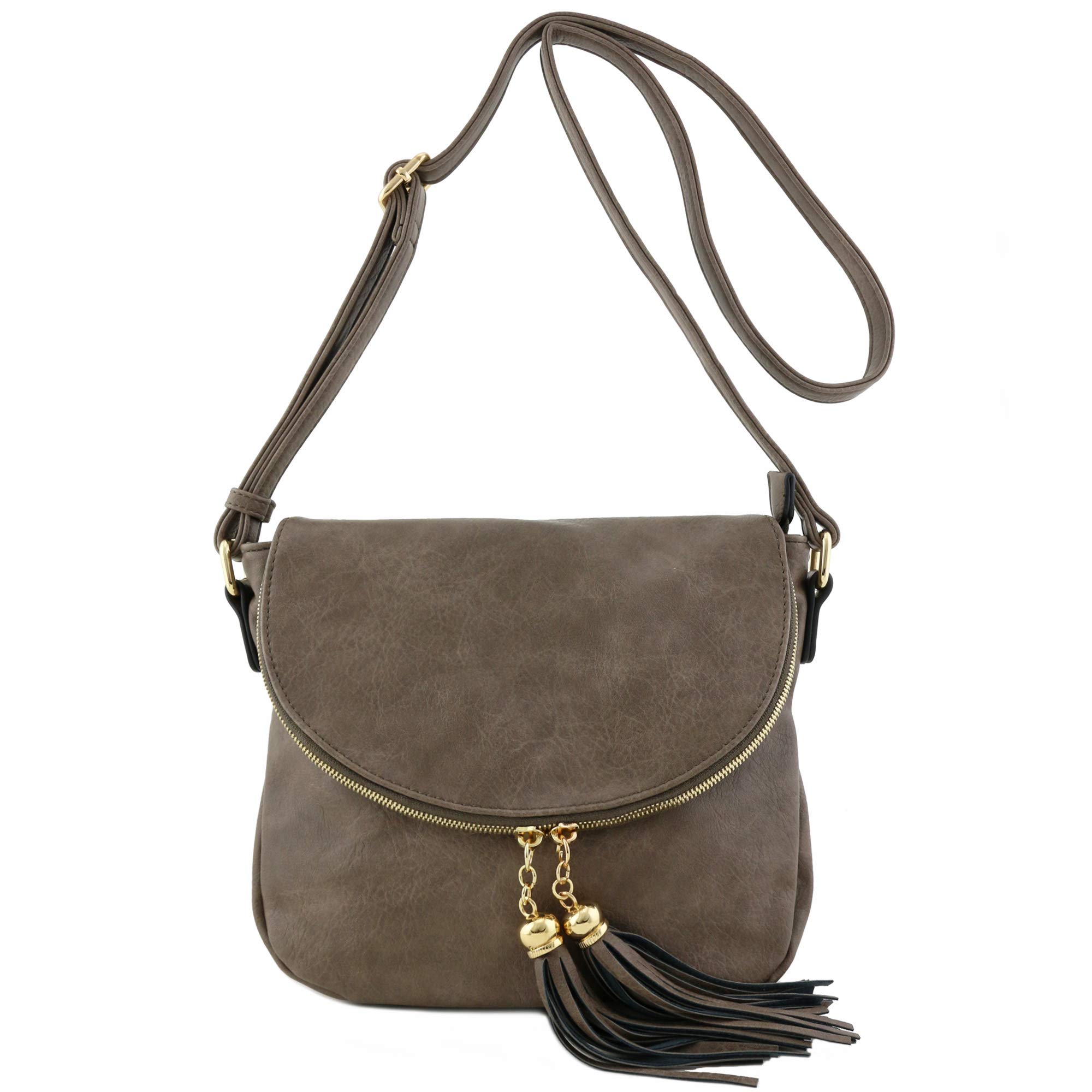 Stylish Tassel Accent Crossbody Bag with Flap Top in Taupe - Perfect for Everyday Use, Travel & Casual Outings