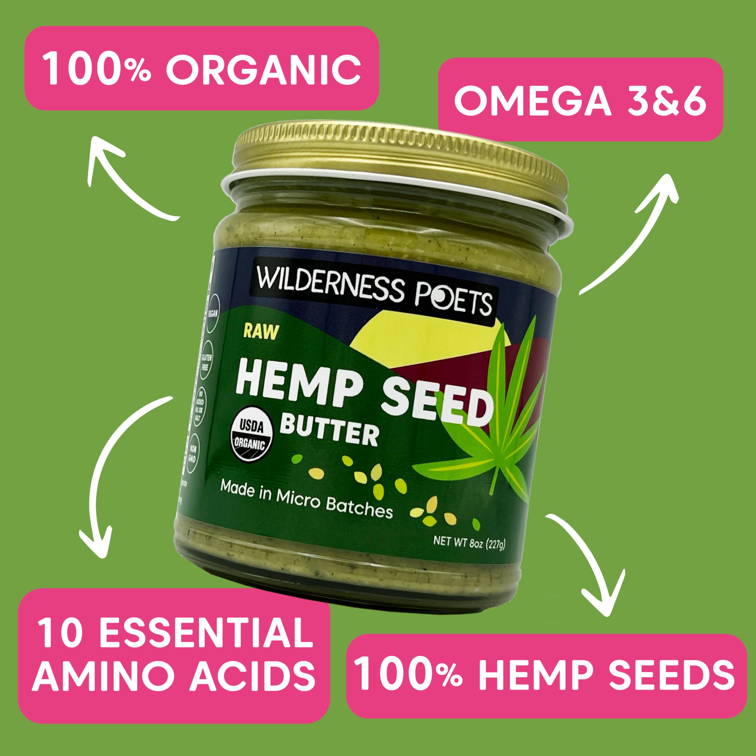 Organic Raw Hemp Seed Butter by Wilderness Poets - 64oz Half Gallon Glass Jar - Vegan, Gluten-Free, Nutrient-Rich Superfood Spread - Perfect for Smoothies, Toast & Healthy Snacking