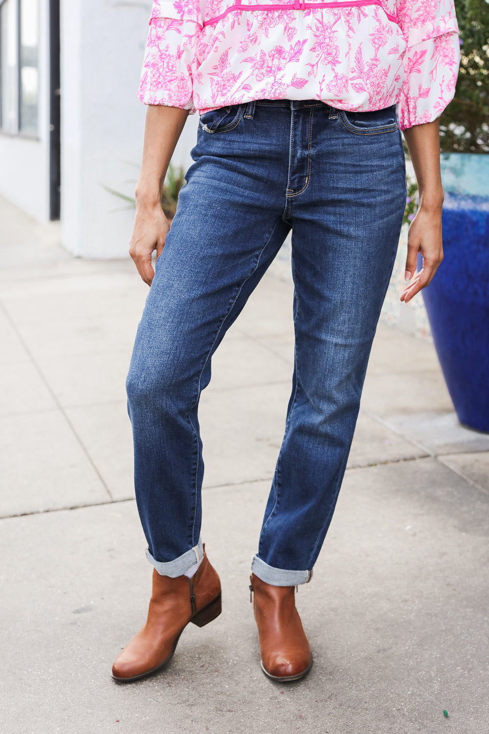 Judy Blue Mid Rise Cuffed Boyfriend Straight Leg Jeans for Women - Comfortable Stretch Denim Pants, Casual Everyday Wear, Perfect for Work & Weekend Outfits