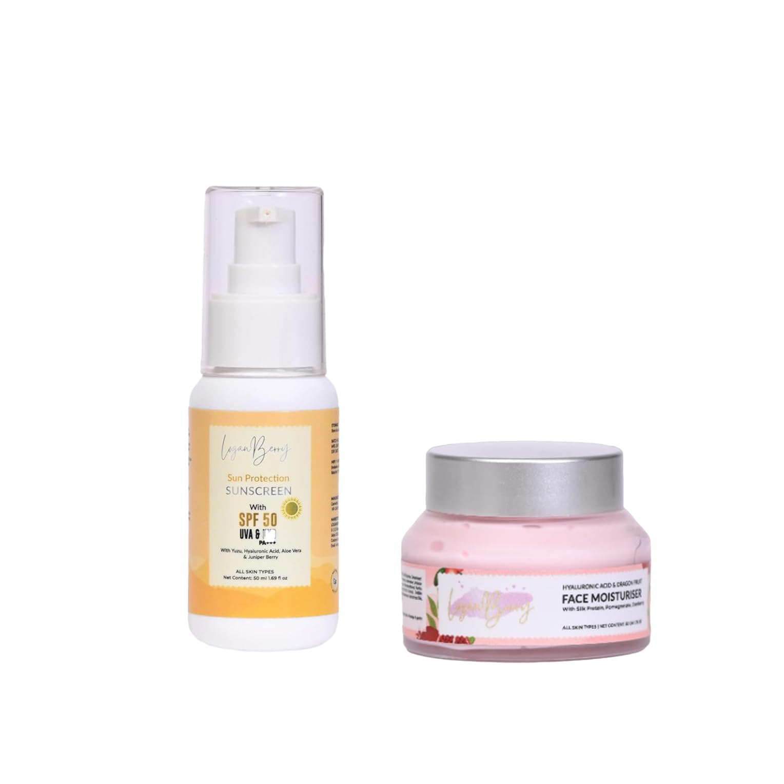 LOGANBERRY SPF 50 PA+++ Sunscreen Gel - Ultra Lightweight UVA/UVB Protection & Hyaluronic Acid Face Moisturizer - 50ml Each for Men & Women | 2-Piece Skincare Combo for Daily Sun Protection & Hydration