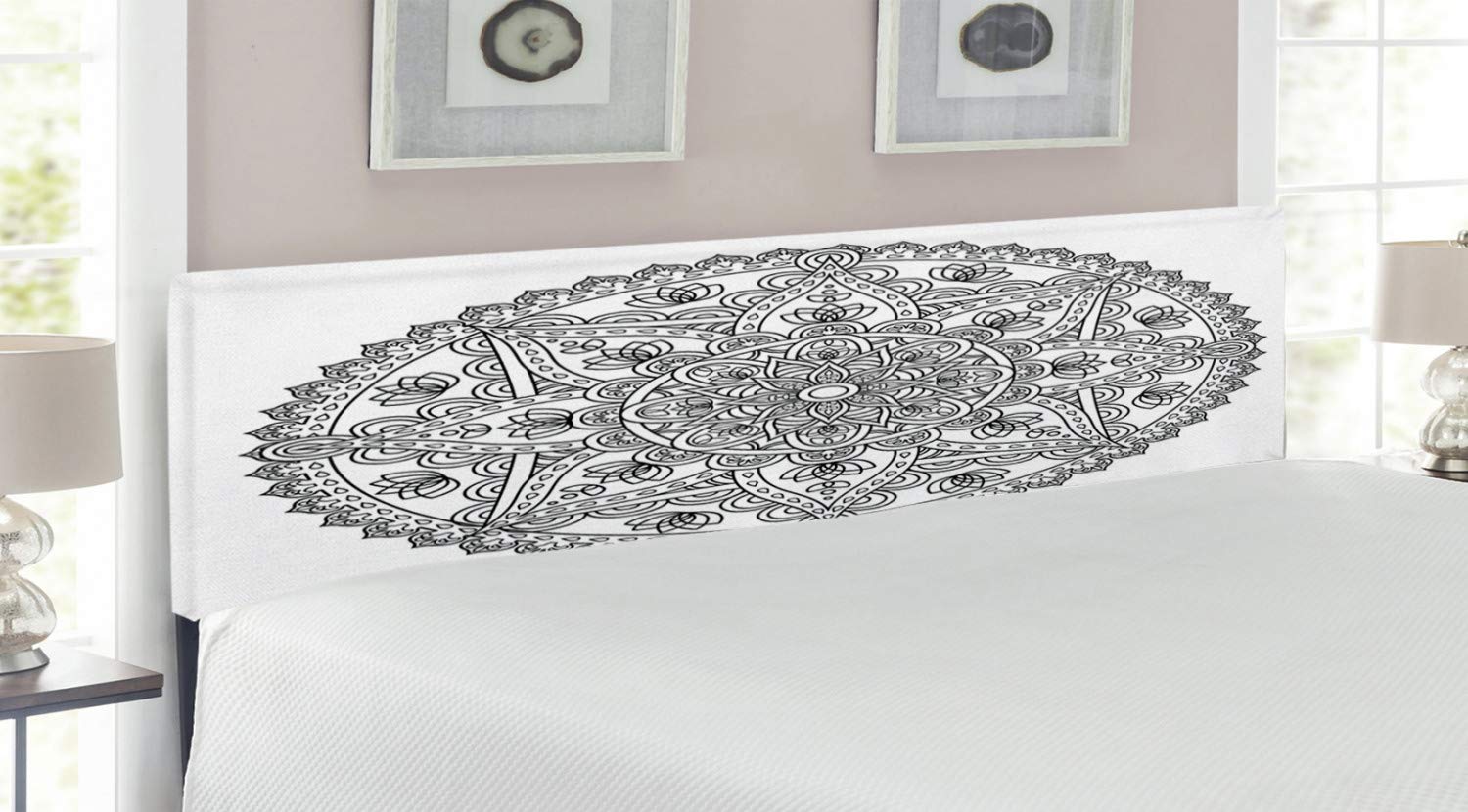 Ambesonne King Size Upholstered Headboard - Grey White Oriental Mandala Lotus Design with Memory Foam | Boho Chic Bedroom Decor for Master Bedroom & Guest Room