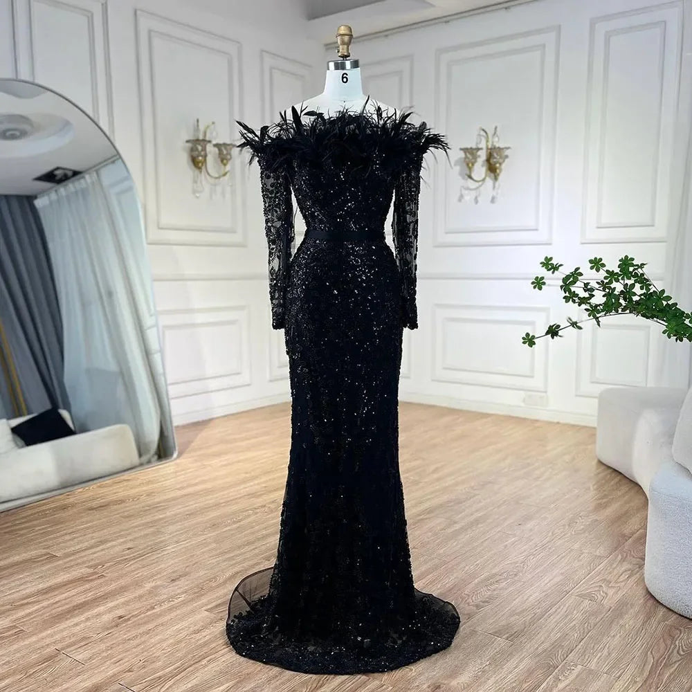 Luxury Dubai Green Boat Neck Mermaid Evening Dress with Elegant Feathers & Beading for Women - Perfect for Weddings, Parties & Special Occasions