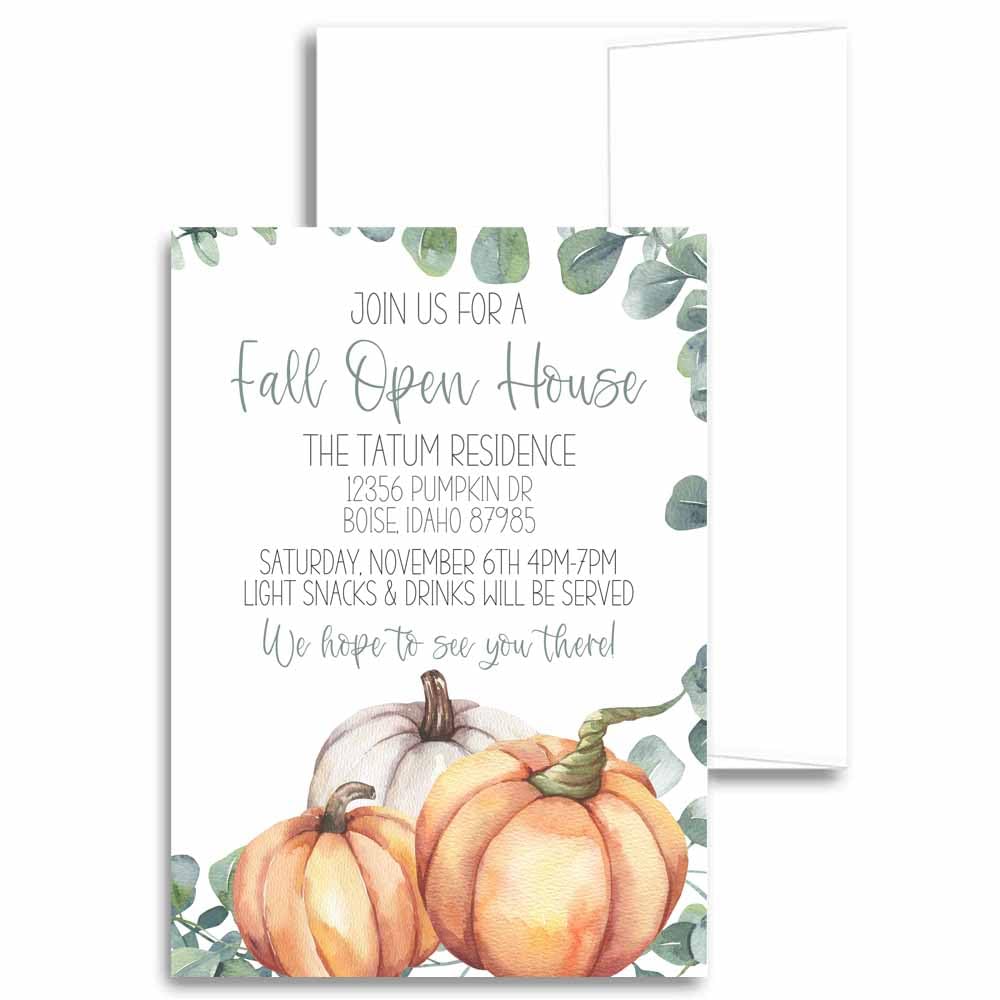 Fall Eucalyptus Pumpkin Open House Invitation Cards - Elegant Autumn Housewarming Party Stationery with Customizable Name - Perfect for Thanksgiving Gatherings, Harvest Celebrations & Seasonal Home Events