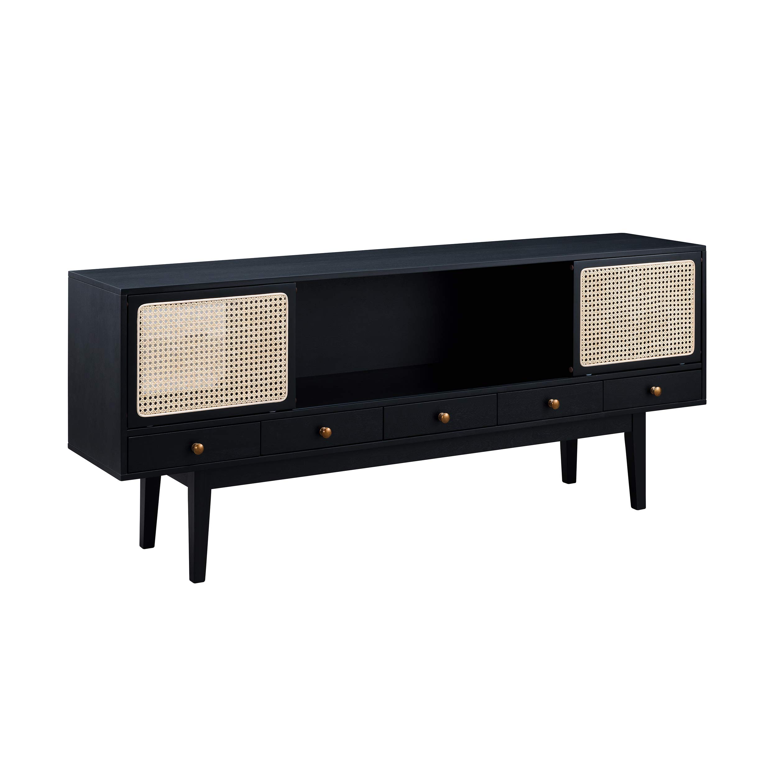 SEI Furniture Simms Midcentury Modern TV Stand with Cane Accents - Black Wood Media Console for Living Room, Bedroom & Home Theater Storage