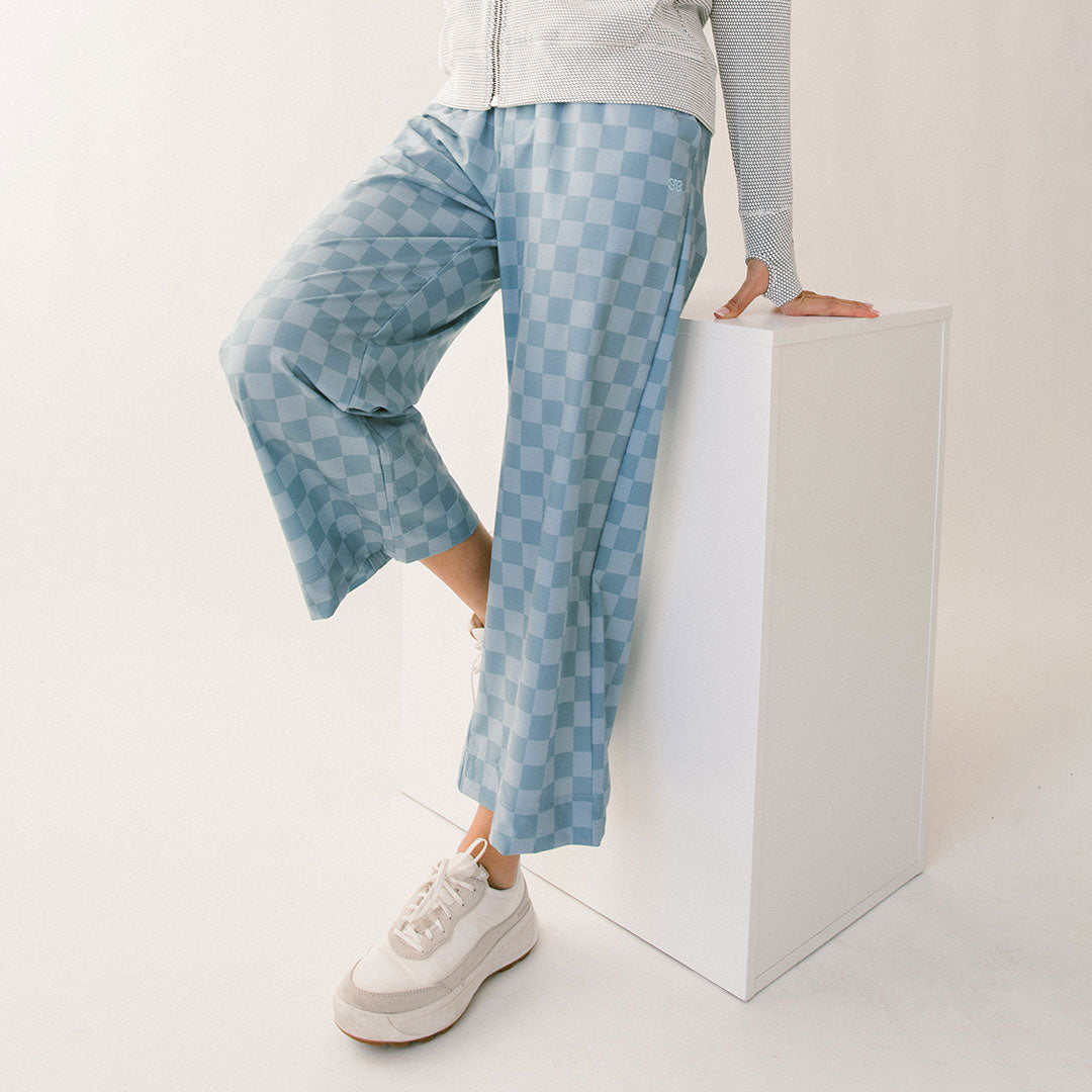 Audrey Wide Leg Pants - Blue Checker Print High Waist Palazzo Trousers for Women | Office Wear, Casual Outfits & Summer Fashion