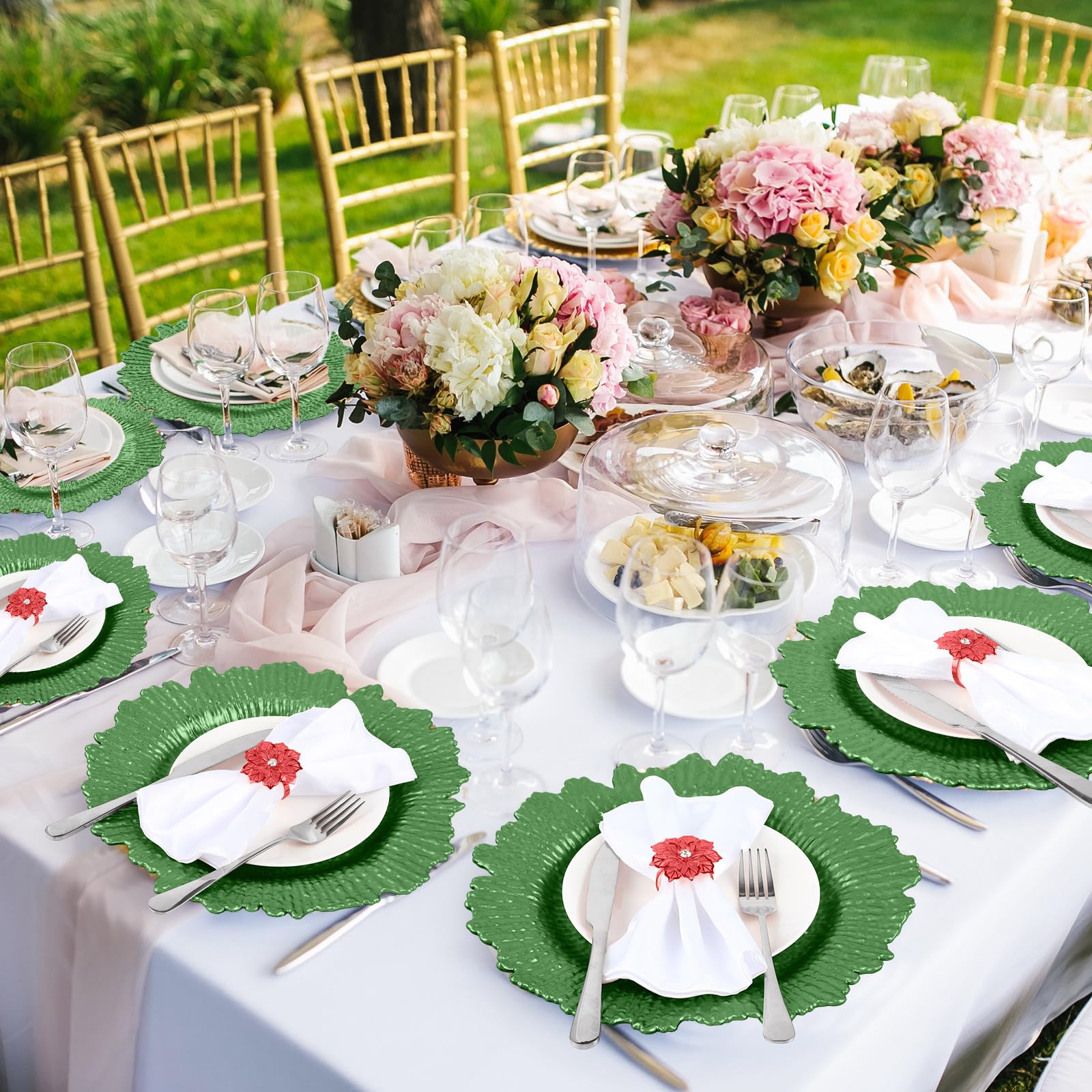 50-Piece Matte Reef Charger Plate Set with Ruffled Rim & Hollow-Out Flower Napkin Rings - 13