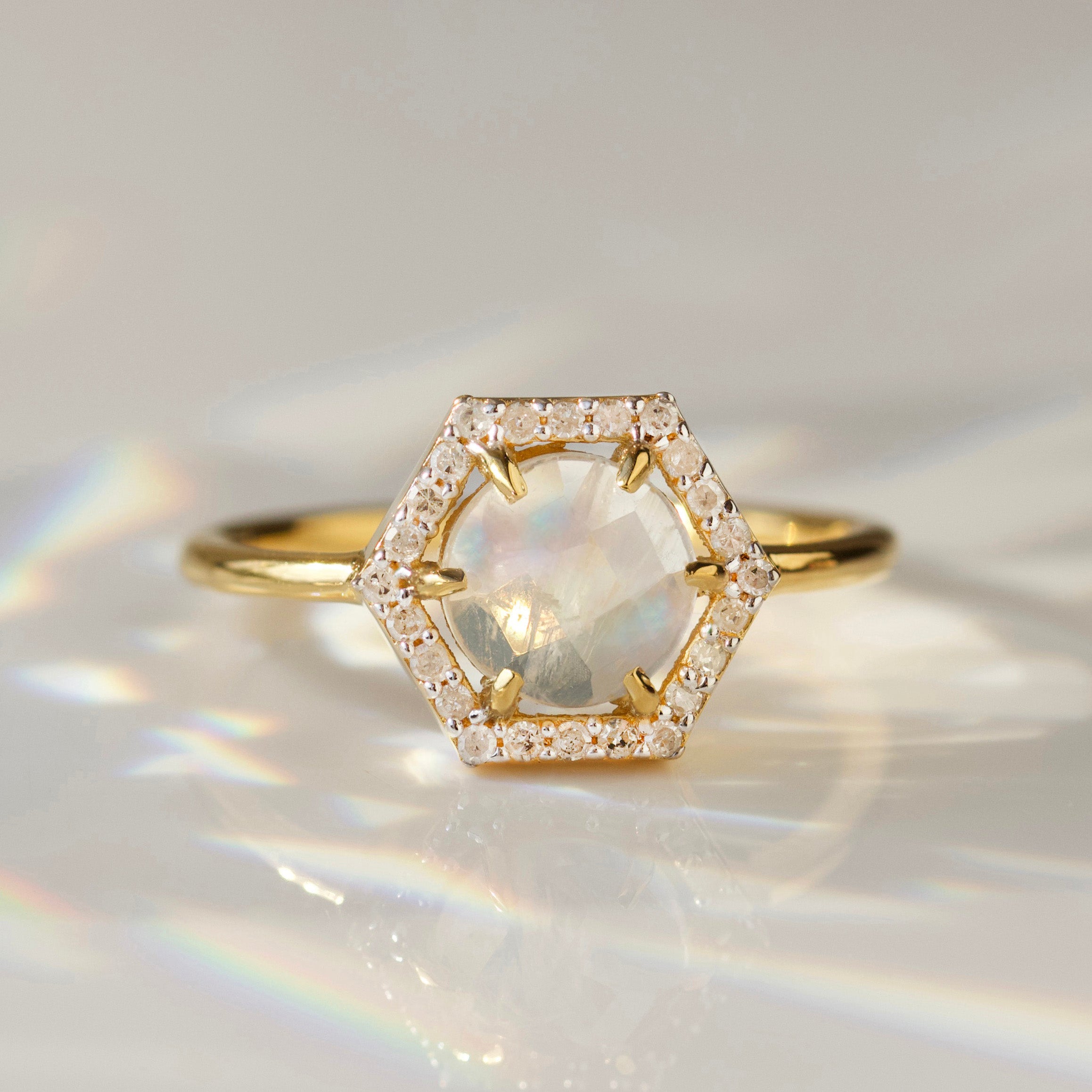 Moonstone & Diamond Hexagon Ring for Women - Elegant Vintage Jewelry for Engagement, Wedding, and Special Occasions