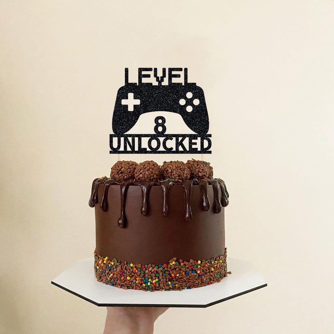 Level 8 Unlocked Cake Topper - Video Game Controller Birthday Decoration for 8th Birthday Party | Perfect for Gaming Themed Cakes, Cupcakes & Desserts