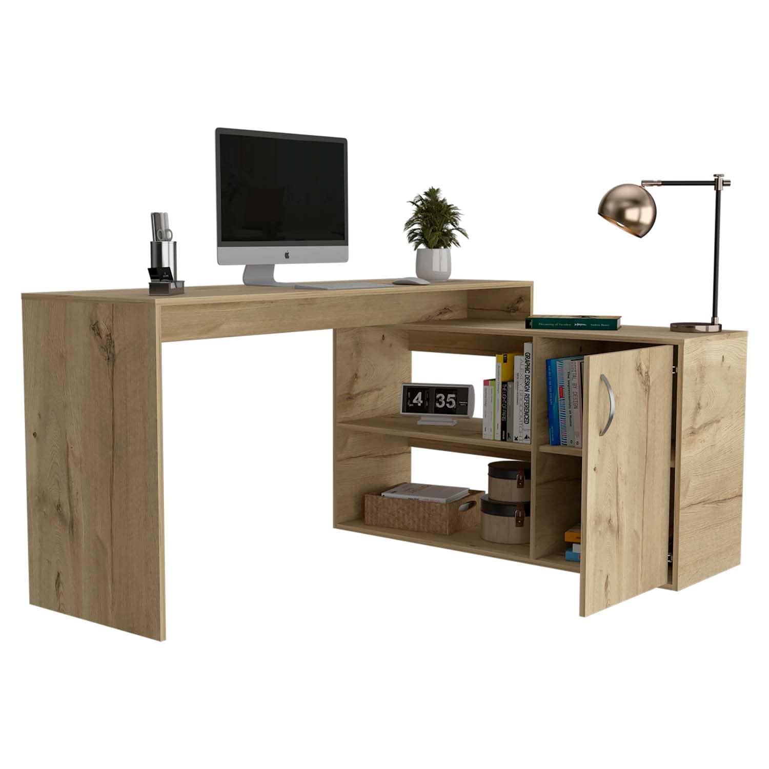 L-Shaped Home Office Desk with 2 Shelves & Drawer - Light Oak Wooden Study Desk for Small Spaces, Gaming & Workstation Setup