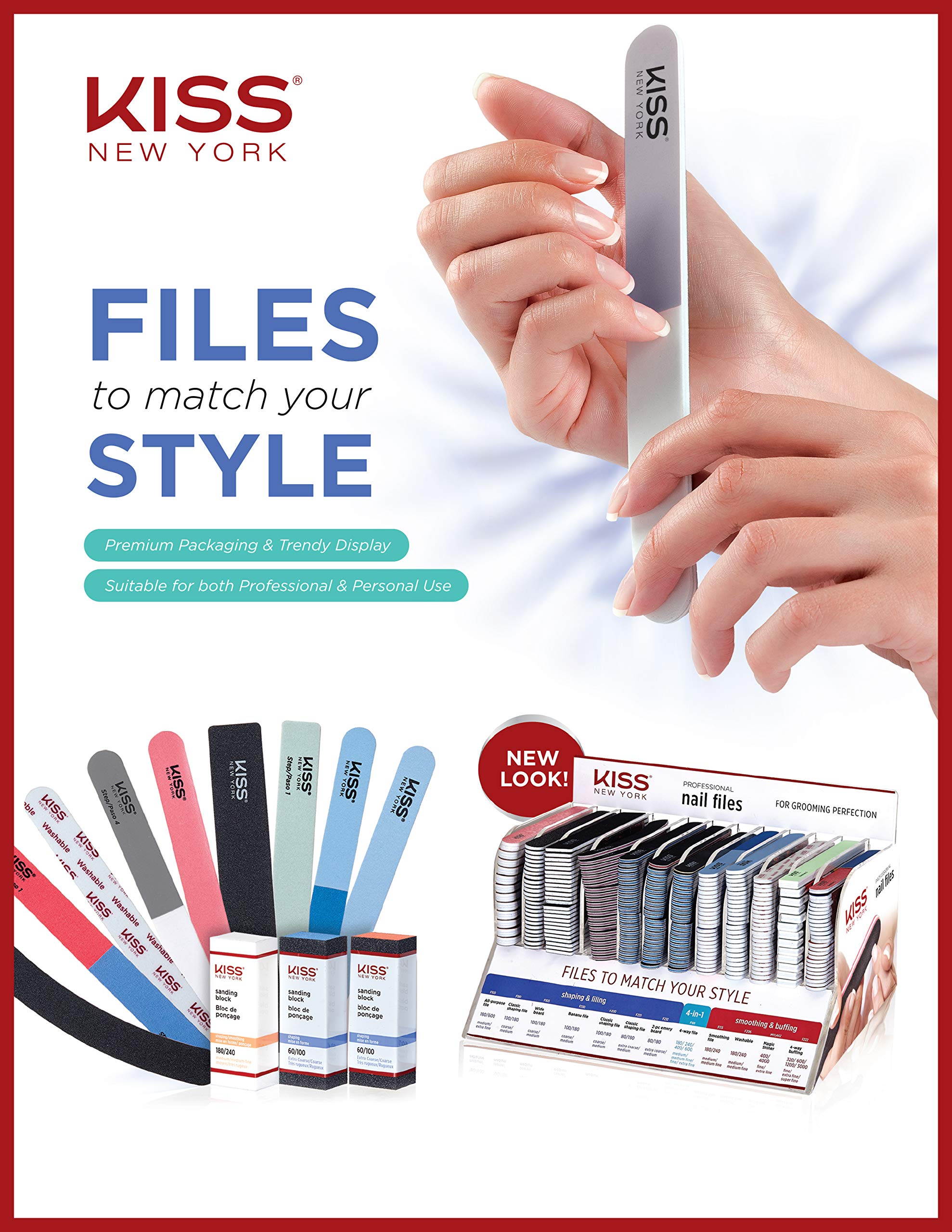 KISS Nail Files Wide Board Grinder - 12 Pack Double Sided Nail Buffers, Reusable & Washable Manicure Tools for Home, Salon & Travel Nail Care