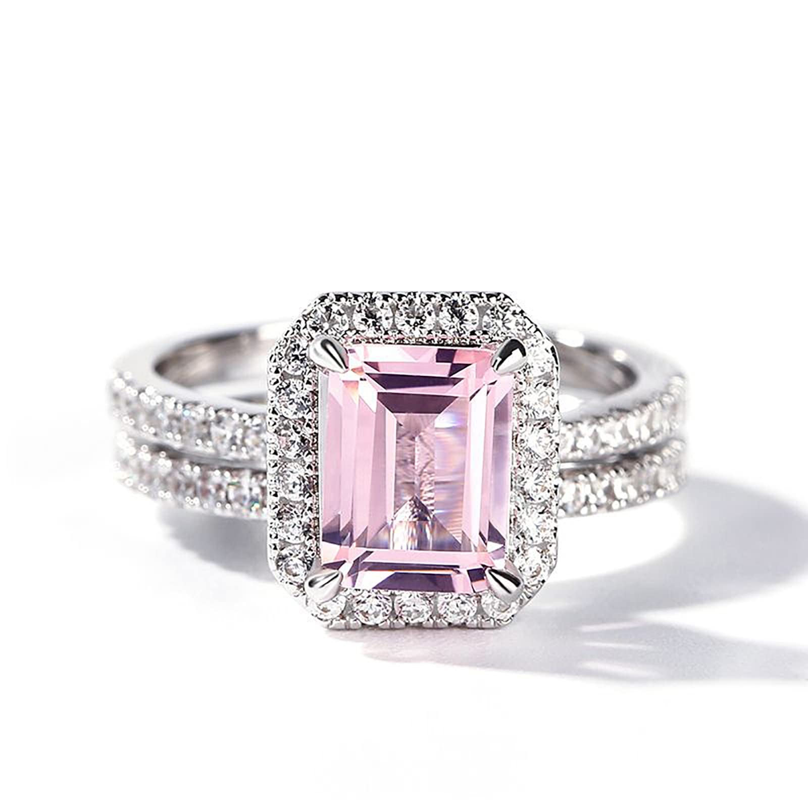 Jeulia Sterling Silver Halo Emerald Cut Synthetic Morganite Ring Set for Women - Elegant Valentine's Day Gift for Wife & Girlfriend with Jewelry Box - Perfect for Anniversaries, Engagements & Special Occasions