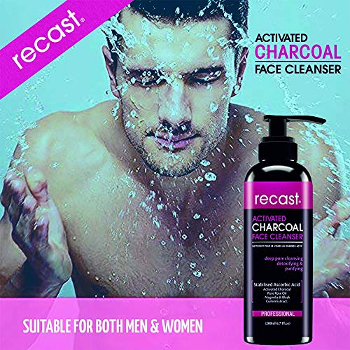 Recast Activated Charcoal Face Cleanser - Detoxifying & Brightening Facial Wash with Vitamin C, Rose & Cumin Extract for Deep Cleansing - 200ml | Perfect for Oily, Acne-Prone Skin & Daily Skincare Routine
