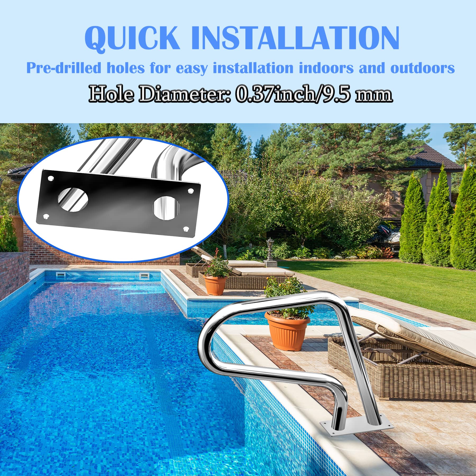 304 Stainless Steel Pool Handrails 32x23 - Rustproof Swimming Pool Safety Railing with Blue Grip Cover, Quick Mount Base Plate & Accessories - Perfect for Inground & Above Ground Pools, Backyard Safety & Easy Pool Entry/Exit