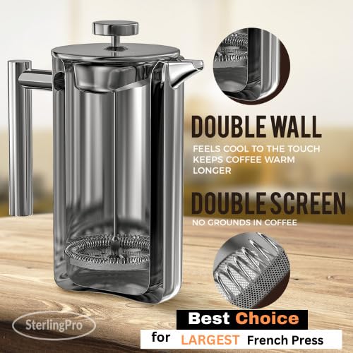 Premium Stainless Steel French Press Coffee Maker (1.75L) - Double Walled Large Coffee Press with 2 Free Filters - Enjoy Granule-Free Coffee - Rust Free Kitchen Accessory - Perfect for Home, Office & Camping Use