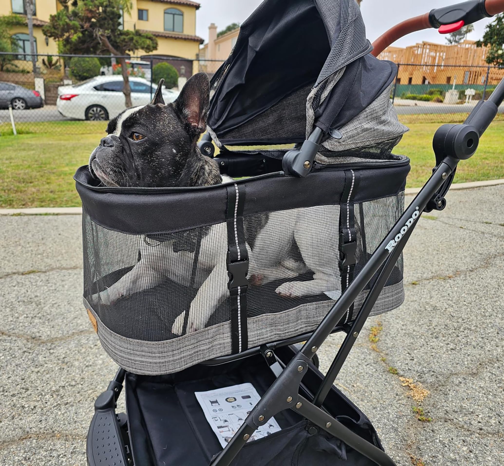 ROODO 3-in-1 Pet Stroller for Dogs & Cats up to 30 lbs - Lightweight Folding Travel Carrier with Detachable Car Seat - All-Terrain Puppy Stroller in Grey Lattice | Perfect for Vet Visits, Shopping Trips & Outdoor Adventures