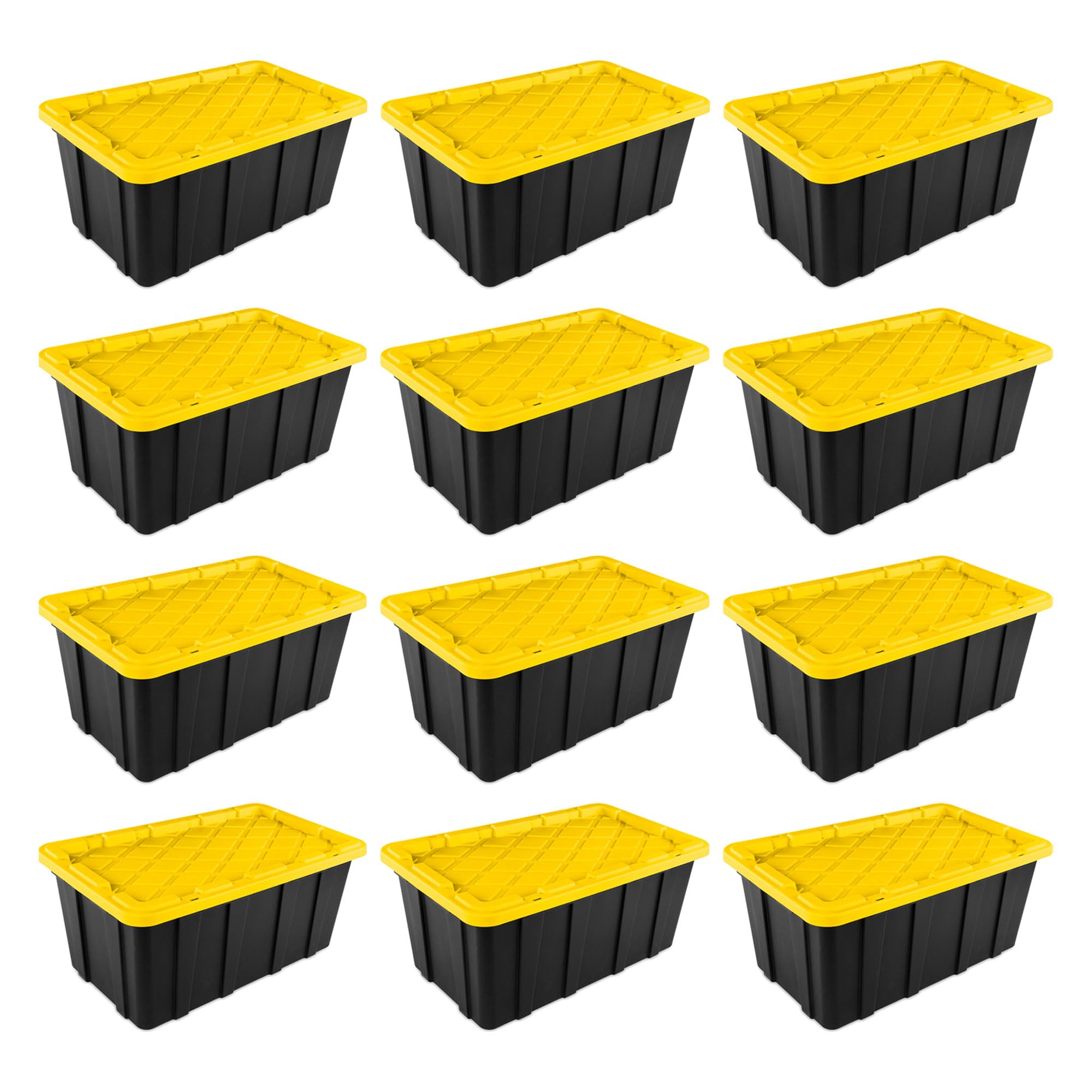 Sterilite 12-Pack 38 Gallon Heavy Duty Stackable Storage Bins with Lids - Black & Yellow - Perfect for Home Organization, Garage Storage, and Moving Supplies