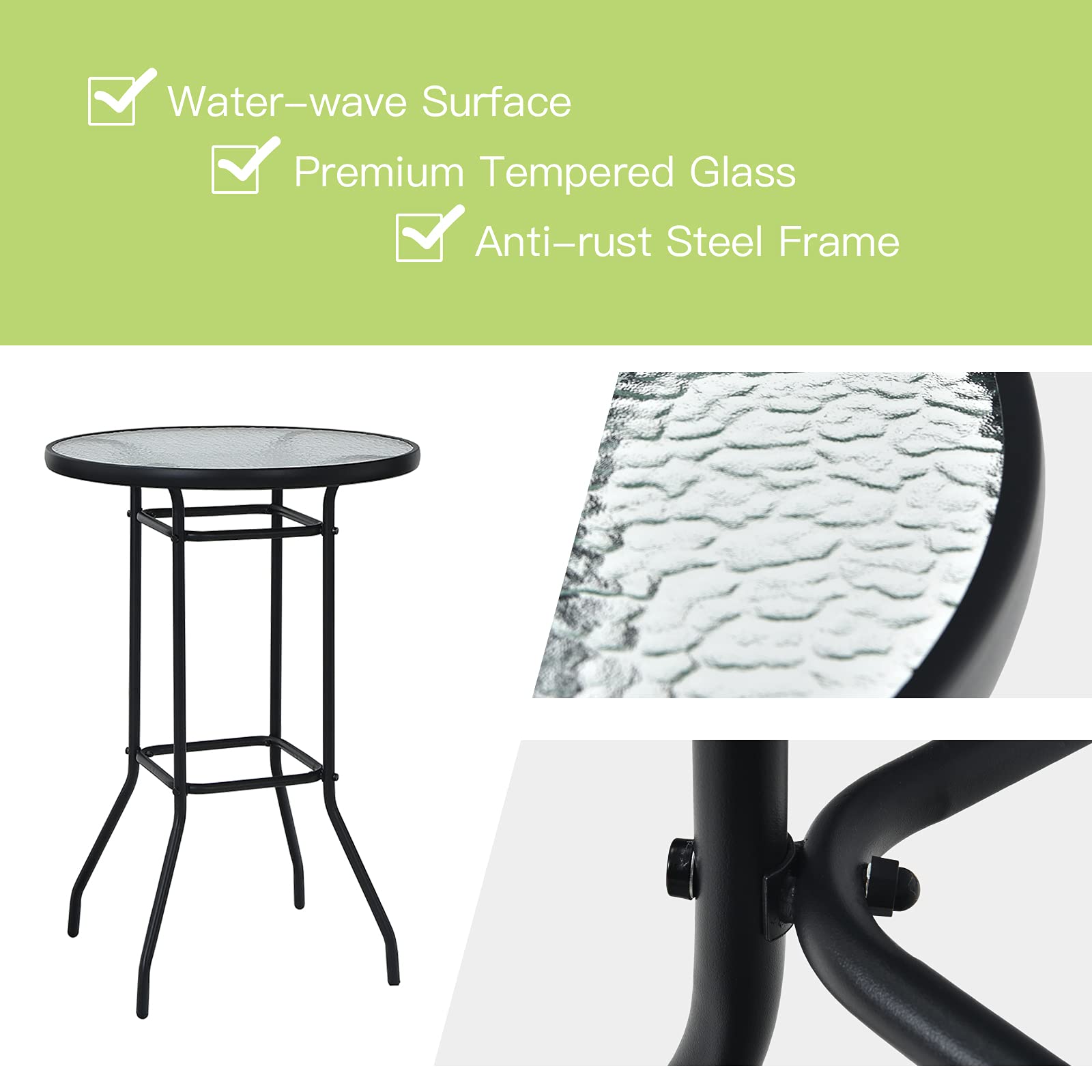 Tangkula 3-Piece Outdoor Bar Set - 2 Bar Stools & 1 Tempered Glass Table - Patio Bistro Set for Backyard, Garden, Lawn, Balcony - Black - Perfect for Outdoor Dining, Entertaining & Relaxation