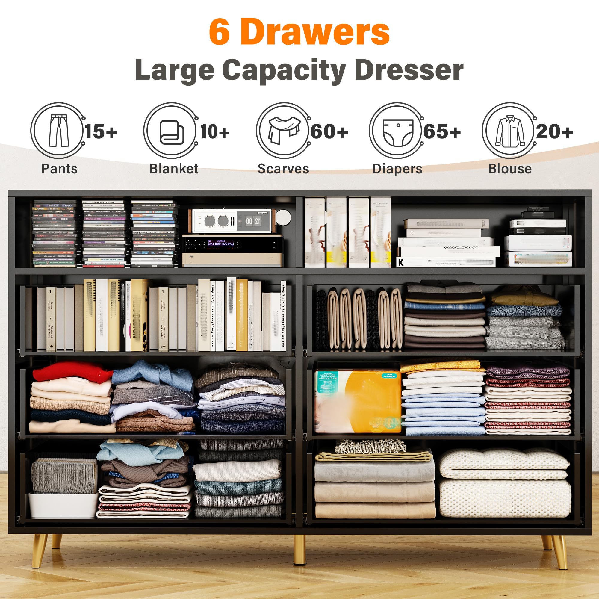 LED Wood Dresser for Bedroom - Wide Drawers, Metal Handles - Perfect for Clothes Storage & Entryway
