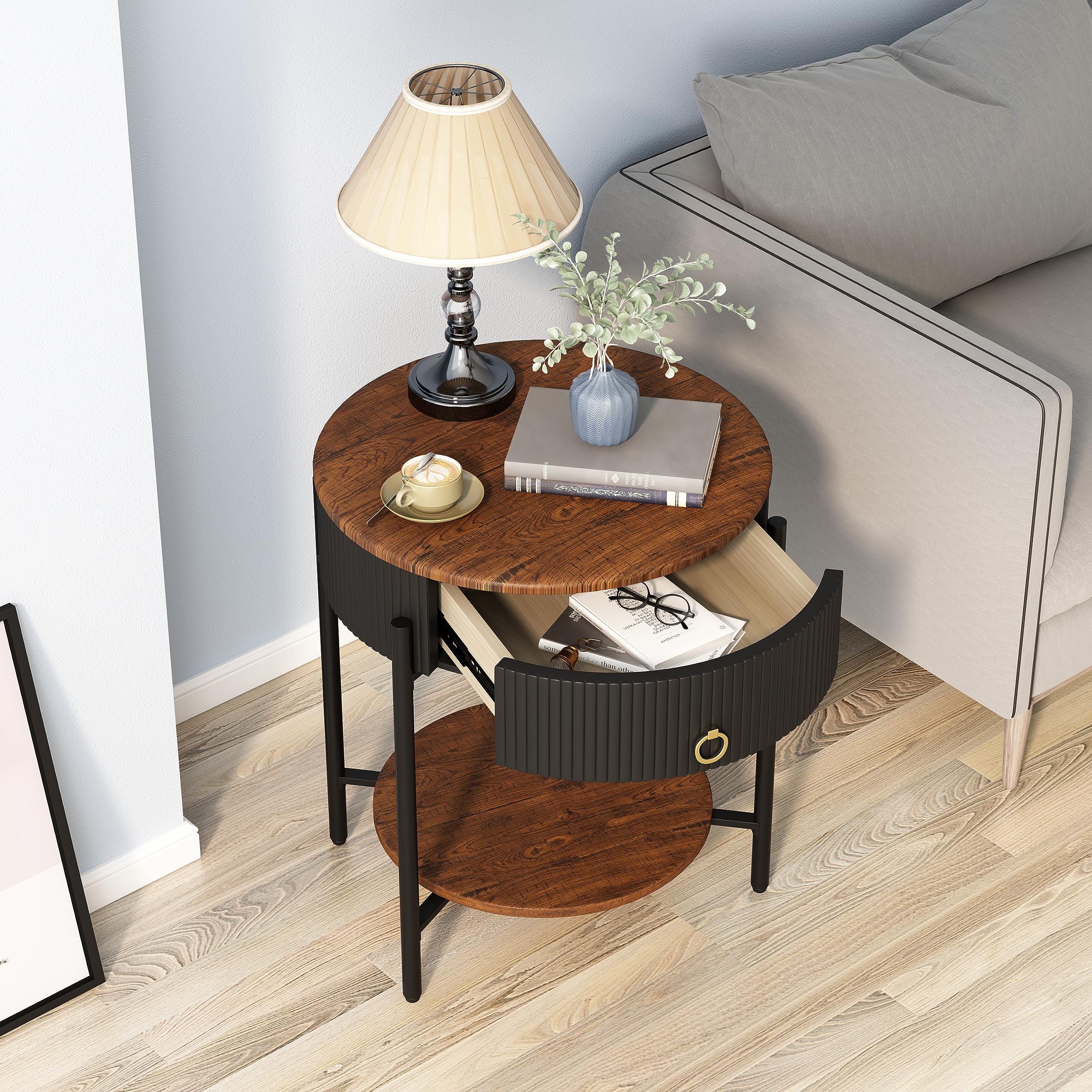Modern Industrial Side Table with Drawer & 2-Tier Shelf - Wood Grain Nightstand with Storage for Living Room, Bedroom, Office & Dorm - Perfect for Small Spaces & Apartment Living (Black)