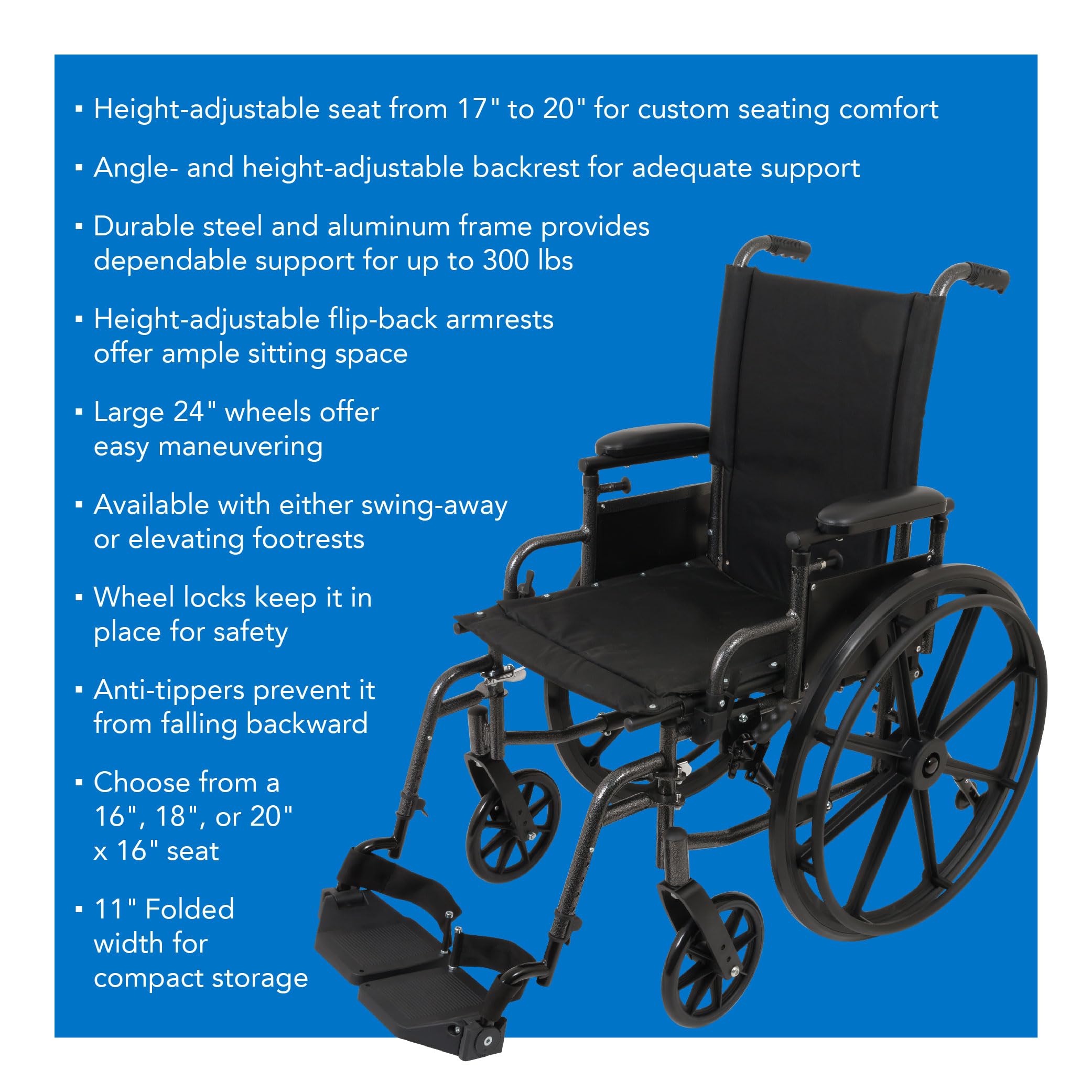 Ultra Lightweight Wheelchair for Adults - Adjustable Seat Height & Flip-Back Desk Arms - Elevating Leg Rests - 20