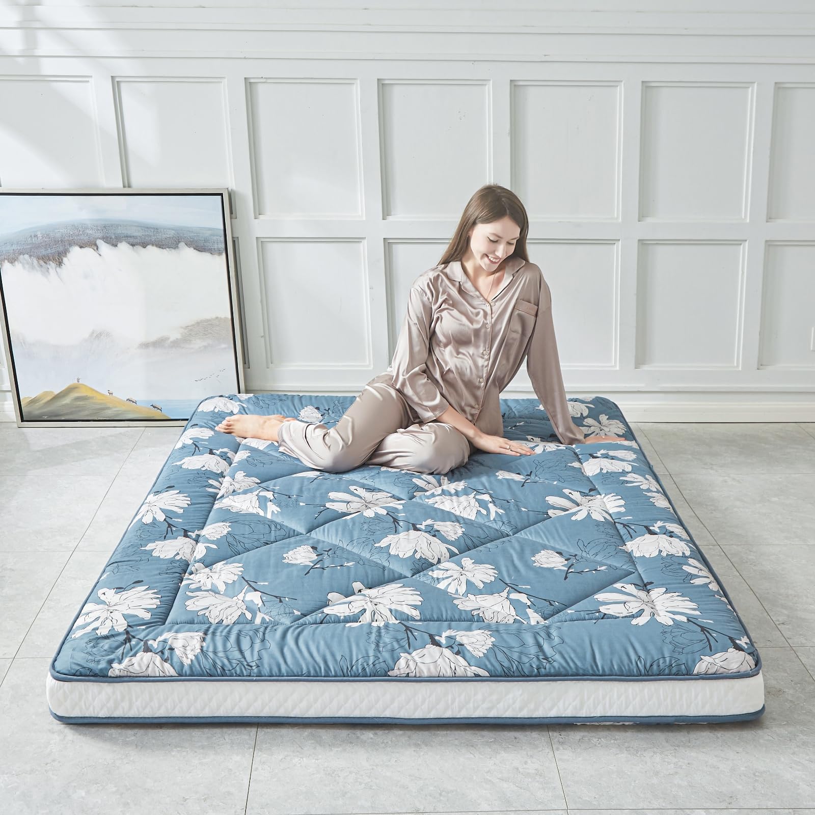 Japanese Floor Mattress Futon - Extra Thick Roll-Up Mattress Bed Topper for Guest, Lounger or Travel - White Flower Design - Full-XL Size - Perfect for Home, Office & Camping Use