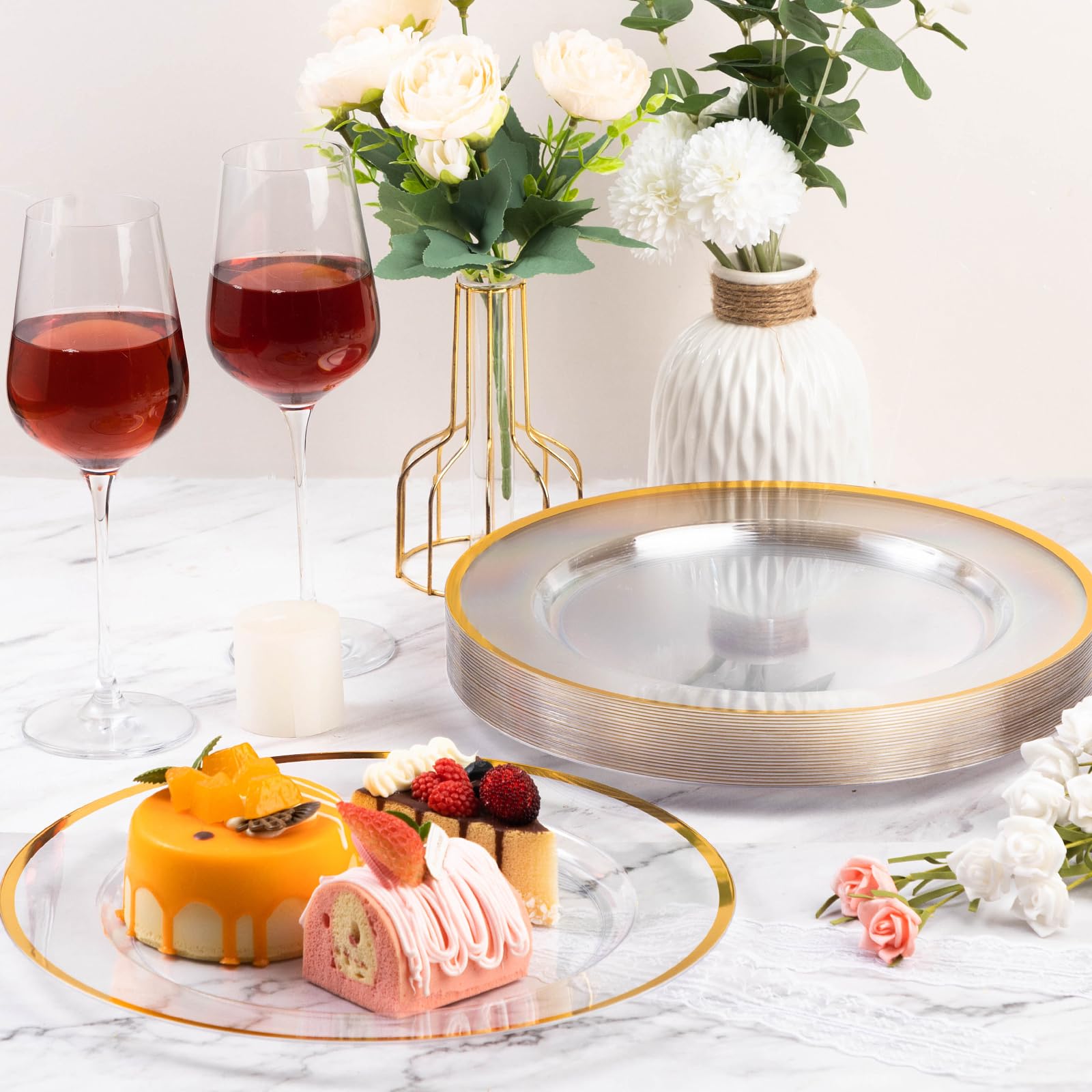 Goodluck 12 Inch Gold Charger Plates - 50 Pack Disposable Plastic Dinner Plates with Elegant Gold Trim for Weddings, Parties & New Year Celebrations - Perfect for Formal Dining, Buffet Service & Special Events