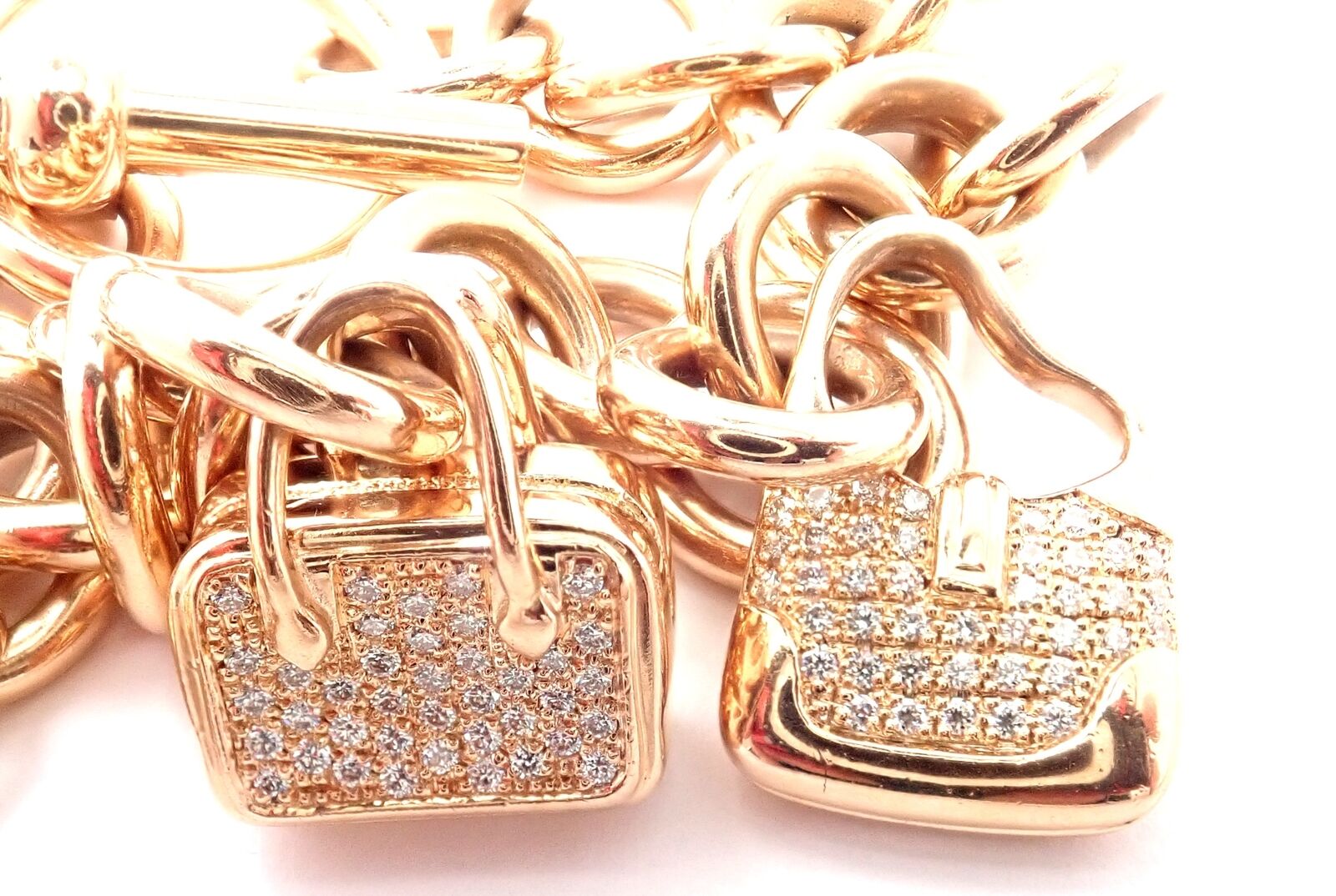 Authentic Hermes 18K Rose Gold Diamond Signature Iconic Bag Charm Link Bracelet - Luxury Jewelry Gift for Women, Perfect for Special Occasions & Everyday Elegance