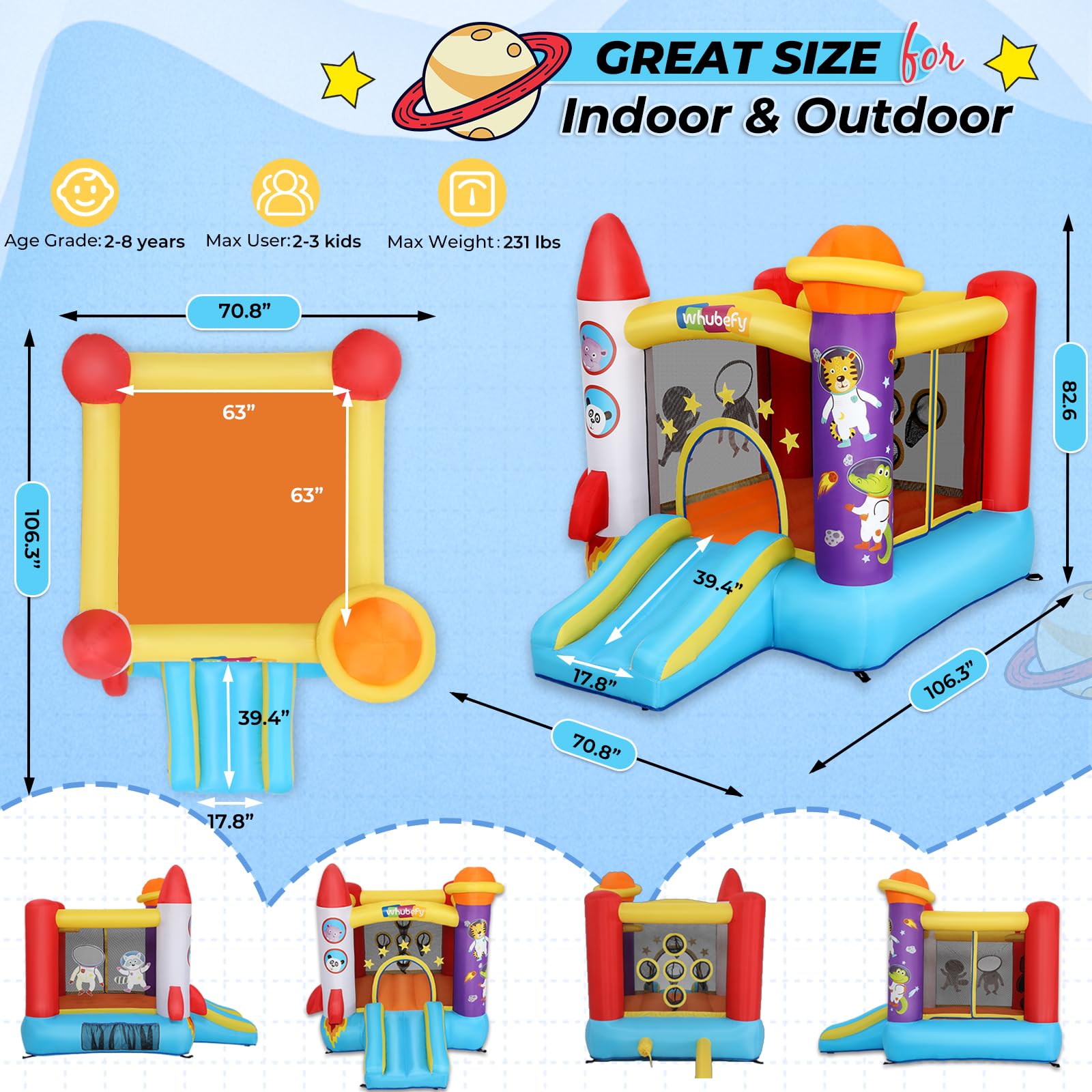 Inflatable Bounce House for Kids 2-8 Years - Astronaut Theme with Slide, Pitching Game & Photo Backdrop - 106