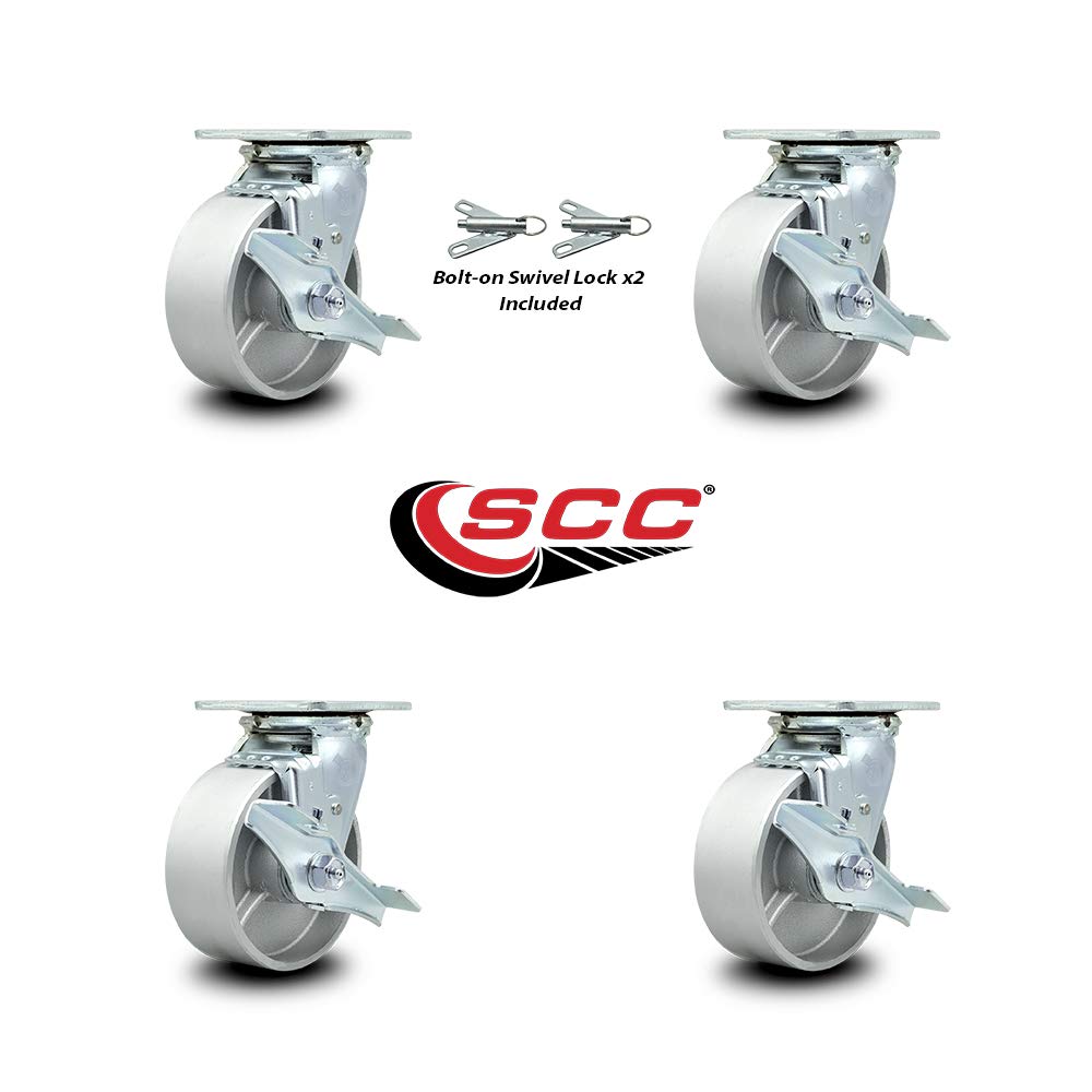 Heavy Duty Cast Iron Swivel Top Plate Casters Set of 4 - 5 Inch Wheels with Brakes & Bolt-On Swivel Locks | Service Caster Brand | Ideal for Industrial Equipment, Workbenches & Warehouse Carts