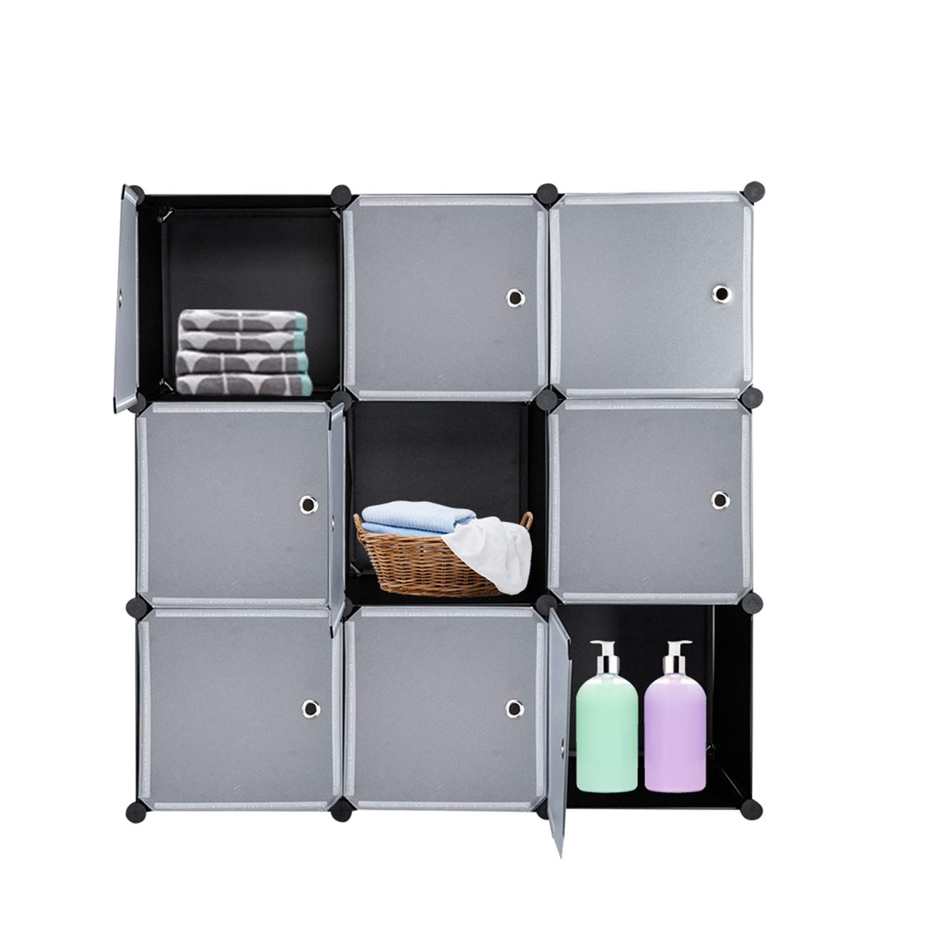 9-Cube DIY Plastic Closet Cabinet | Modular Bookshelf Organizer with Doors | Storage Shelf Units for Bedroom, Office & Kids Room | Simple Market Basket Stand by MITPATY