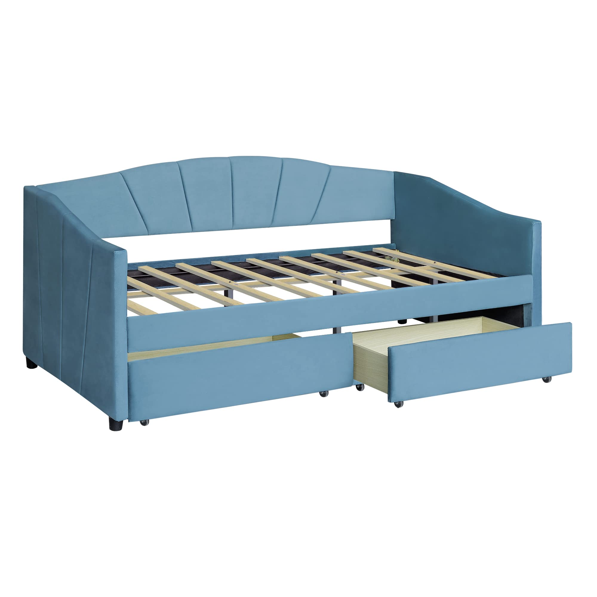 Merax Twin Size Upholstered Daybed with 2 Drawers & Wood Slat Support - Blue Fabric Sofa Bed Frame for Small Spaces, Guest Room & Dormitory