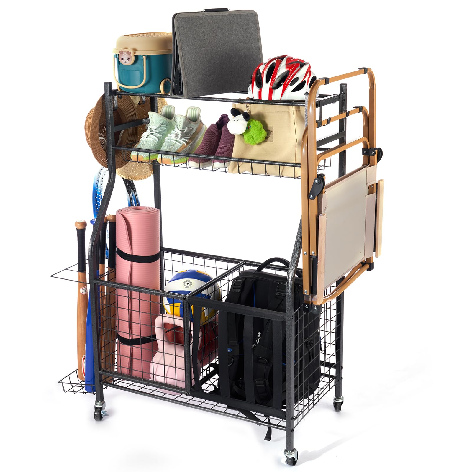 Sinoer Basketball Storage Rack with Wheels - Portable Sports Equipment Organizer for Garage, Gym & Home - Perfect for Basketball, Volleyball, Football & Soccer Ball Storage - Ideal for Sports Enthusiasts & Organized Living Spaces