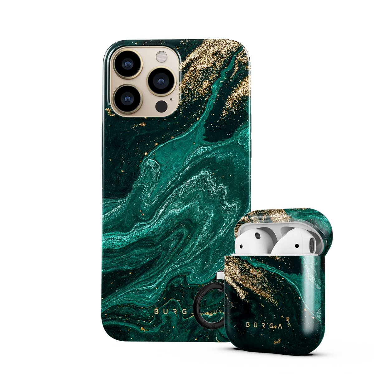 BURGA iPhone 13 Case & AirPods Case Bundle - Fashion Protective Hard Plastic Cover for Apple AirPods 1/2 & iPhone 13 Pro Max - Emerald Pool Design for Women | Perfect for Daily Use, Travel & Gift Giving