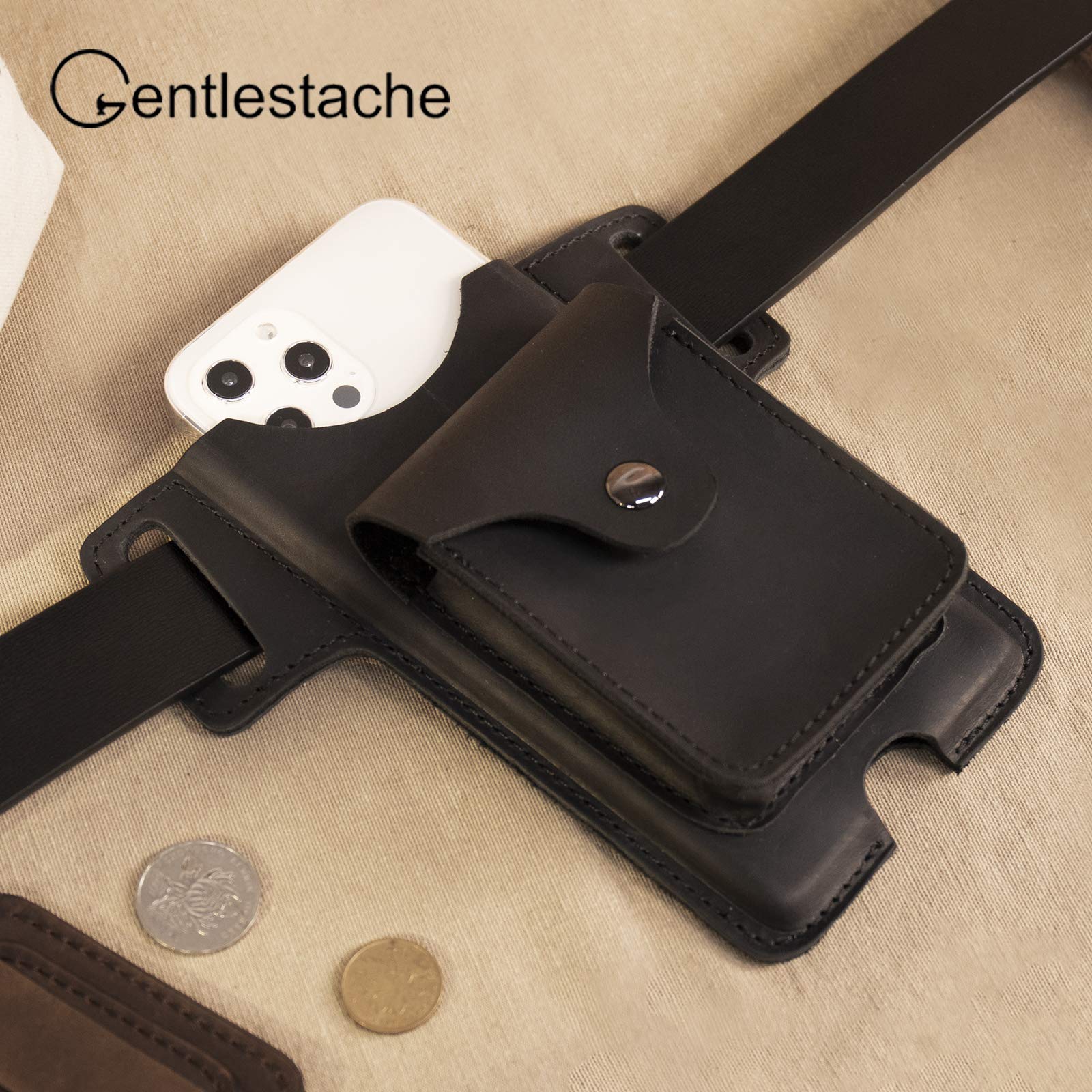 Gentlestache Leather Cell Phone Holster for Belt - Premium Leather Phone Case with Small Pocket - Perfect for Work, Travel & Outdoor Activities