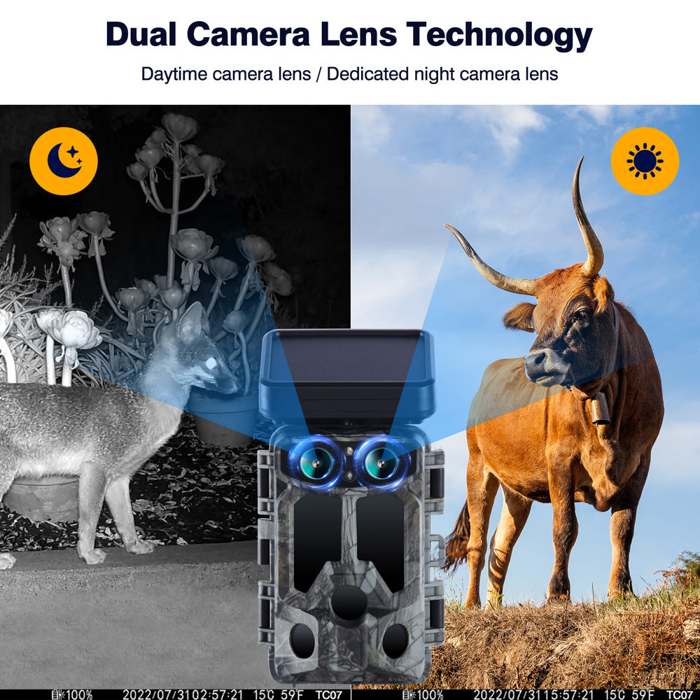 Campark TC07 4K 60MP WiFi Solar Trail Camera with Dual Lens - Waterproof Night Vision Game Camera for Wildlife Monitoring, Hunting & Outdoor Security