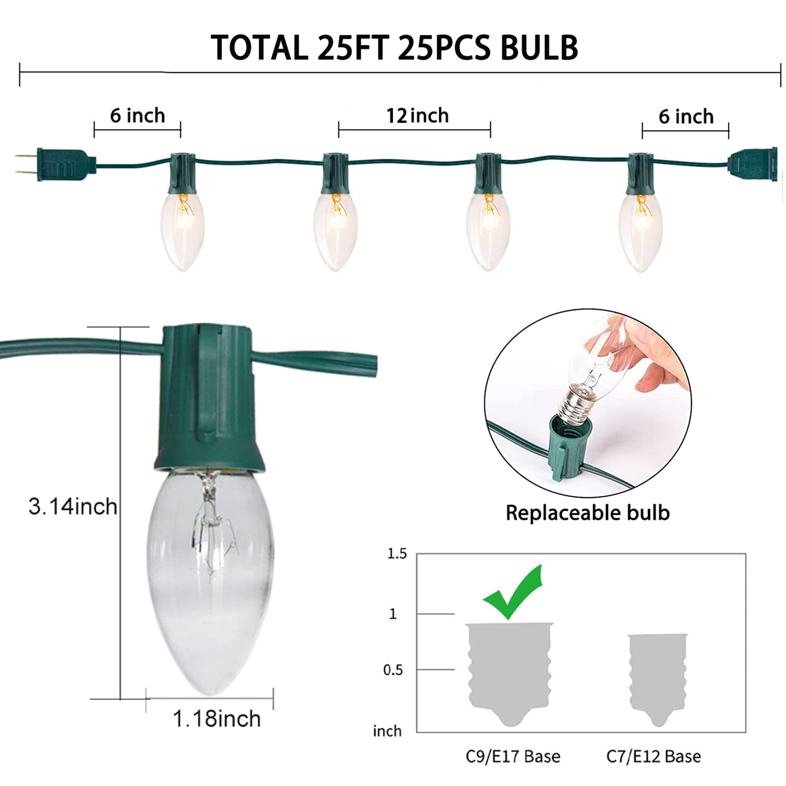 C9 Clear Christmas Lights 25Ft Outdoor String Lights with 26 Bulbs - Green - Waterproof Hanging Roofline Lights for Christmas, Patio, Cafe, Party, Garden & Holiday Decorations