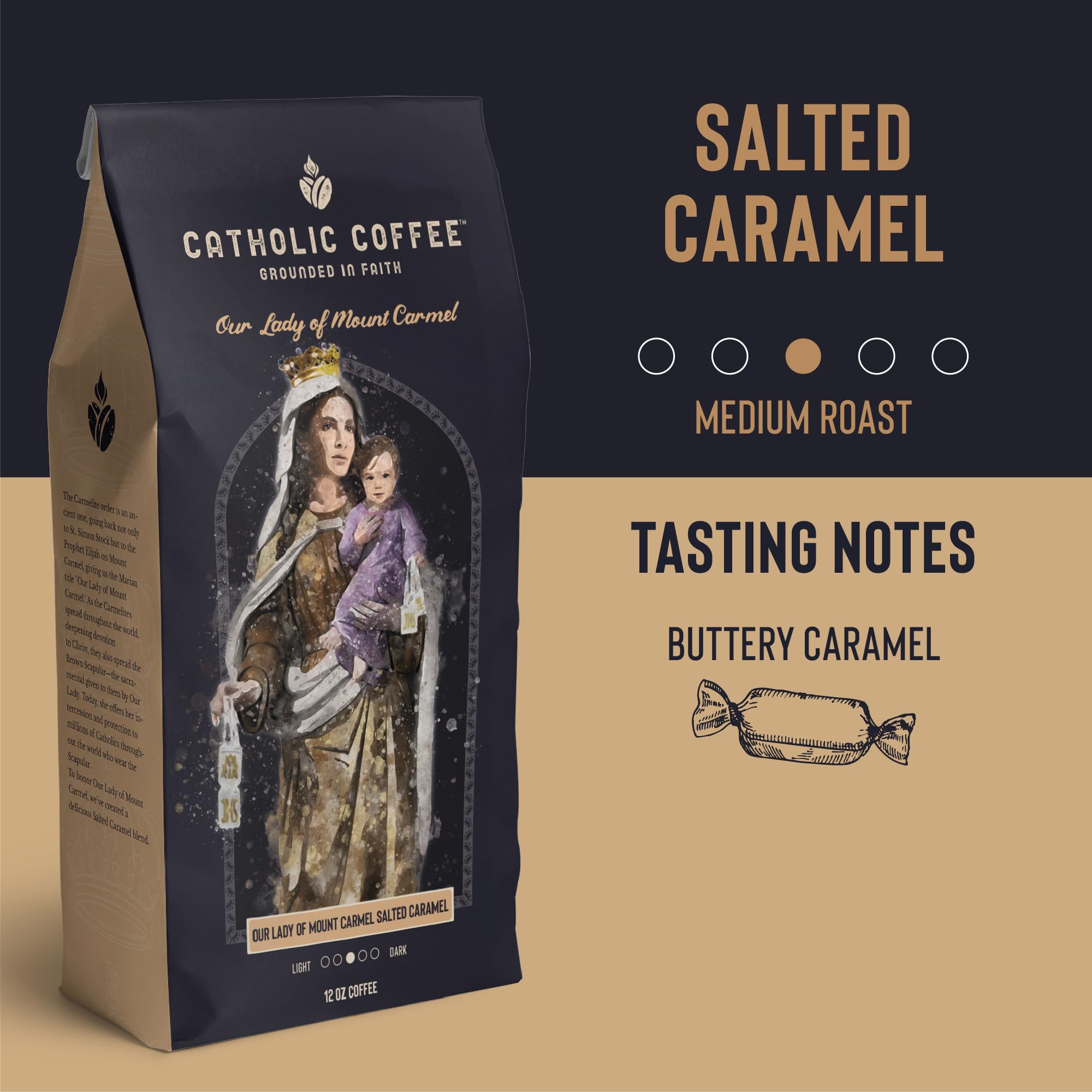 Premium Our Lady of Mount Carmel Salted Caramel Catholic Coffee - 12oz Whole Bean Small-Batch Craft Coffee for Faithful Catholics & Coffee Connoisseurs - Perfect for Morning Devotion, Bible Study & Gift Giving