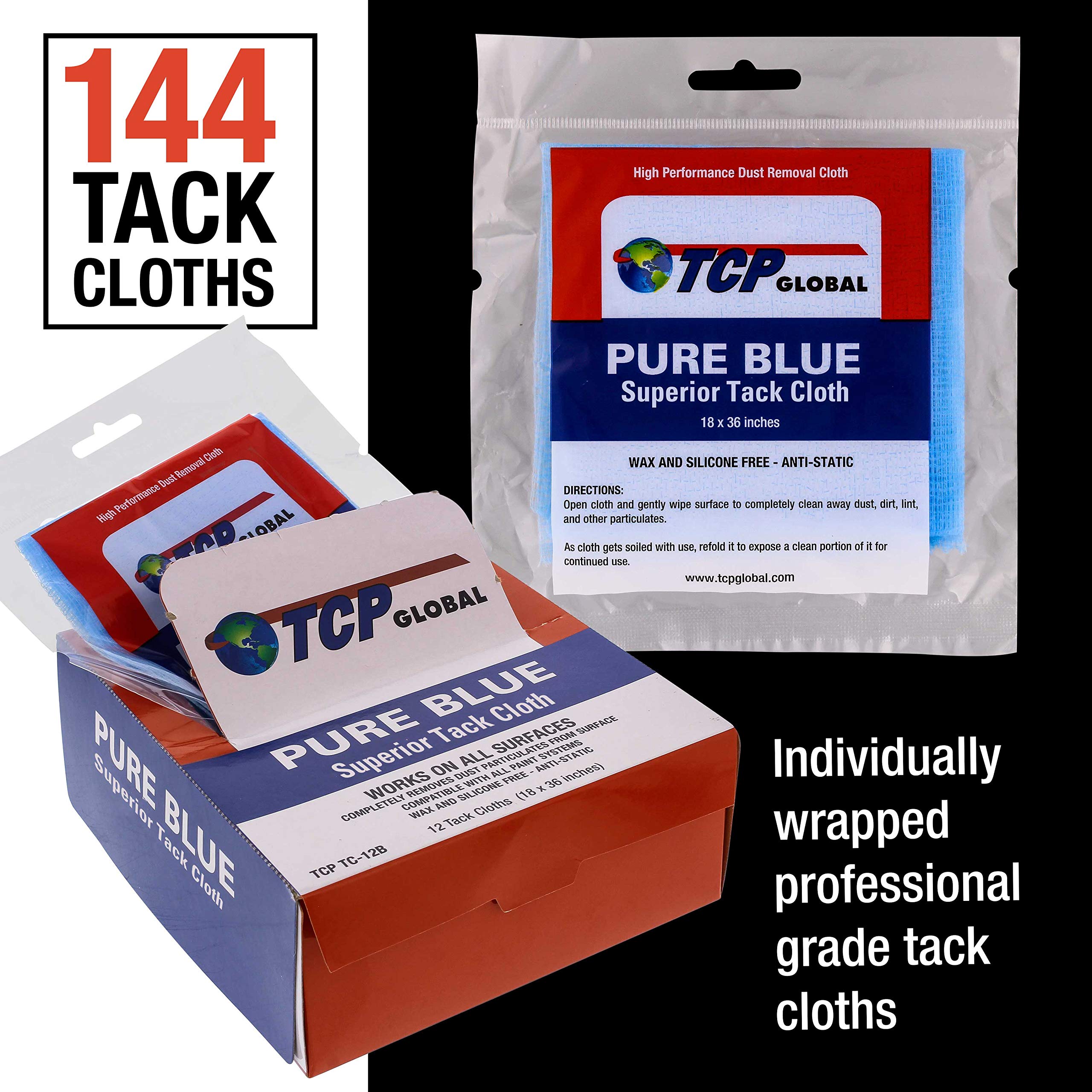TCP Global Pure Blue Superior Tack Cloth - 144-Pack for Automotive & Woodworking | Dust, Stain & Paint Removal | High-Tack Cleaning Rags for Auto Body & DIY Projects | Perfect for Car Detailing, Furniture Refinishing & Workshop Cleaning