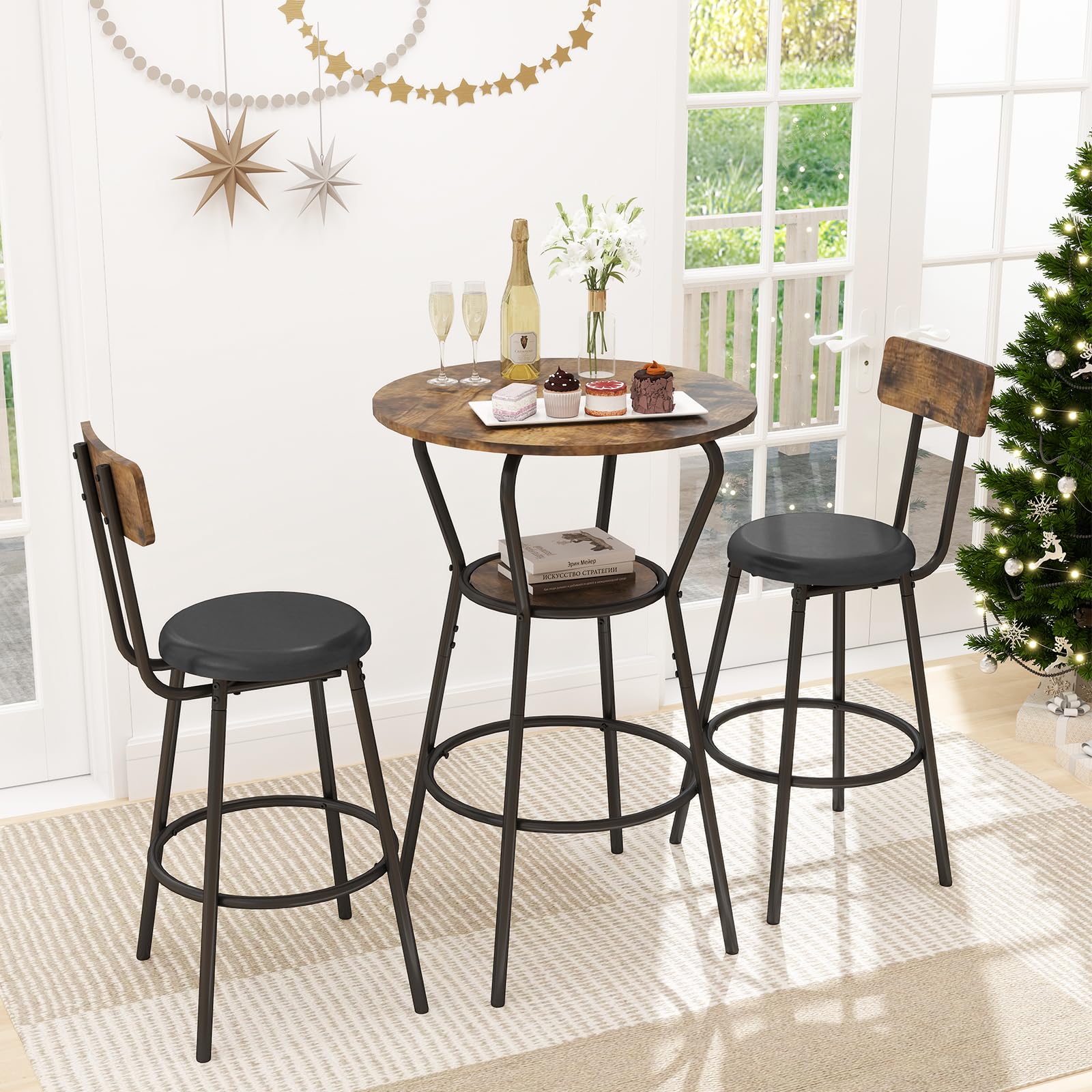 3-Piece Round Bar Table and Chair Set - Small Dining Table for 2 with 2 Upholstered Stools, Modern Kitchen Breakfast Nook Set in Rustic Brown - Perfect for Small Spaces, Apartments, Kitchen Nooks & Bistro Dining