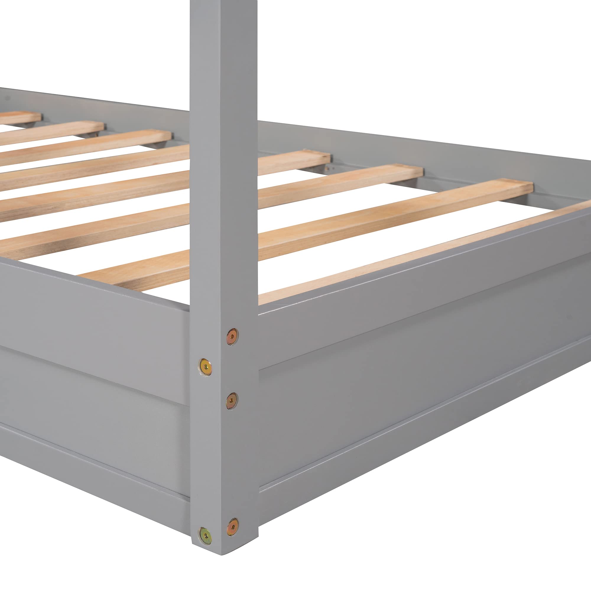 MERITLINE L-Shaped Twin Beds for Kids - Wooden Bunk Beds with Safety Fence & Playhouse Roof - Space-Saving Corner Bedroom Furniture for Siblings - No Box Spring Needed (Gray) - Perfect for Shared Kids' Rooms & Small Spaces
